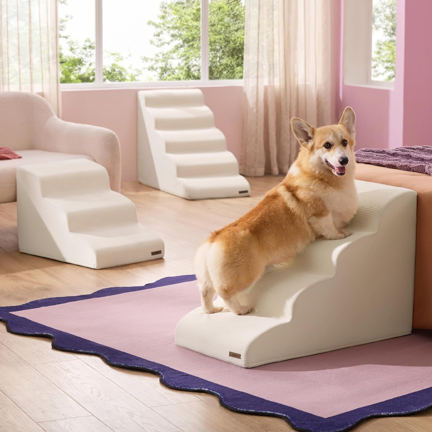 lesure dog stairs for small dogs and cats pet steps ramp for bed and couch with certipur-us certified foam with non-slip bottom, beige, 3 steps 3-step (h: 15.7in) beige