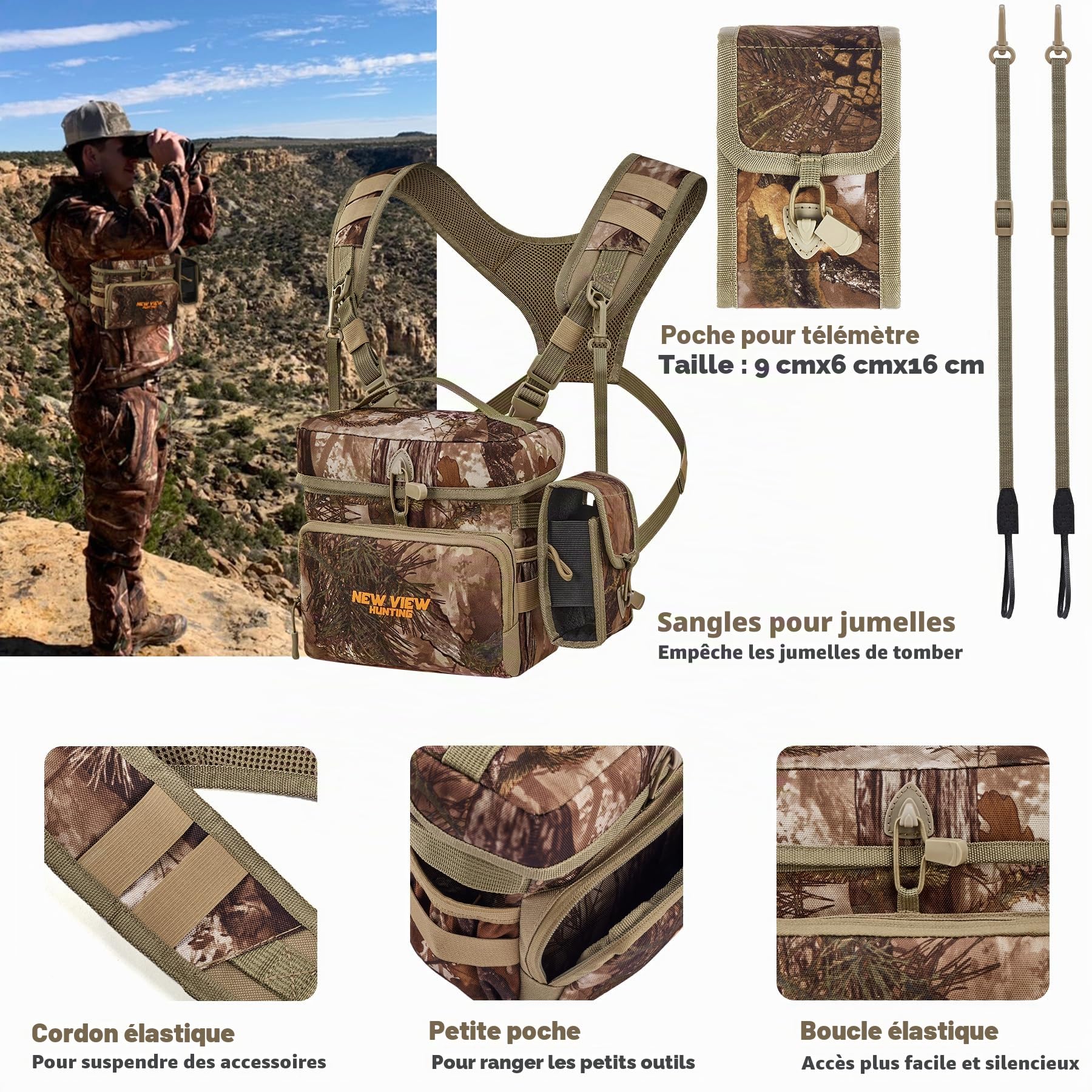 New View Sac à dos pour jumelles avec poche amovible pour compteur de distance, sangle réglable pour jumelles et protection contre la pluie Idéal pour la chasse, la randonnée et