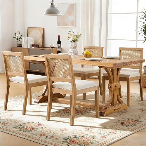 SoarTalent Sillas de Comedor Tapizadas Juego de 4, Estilo Campestre Francés, Respaldo Cuadrado, Patas de Madera, Tela, para Comedor, Cocina, Restaurante,Beige