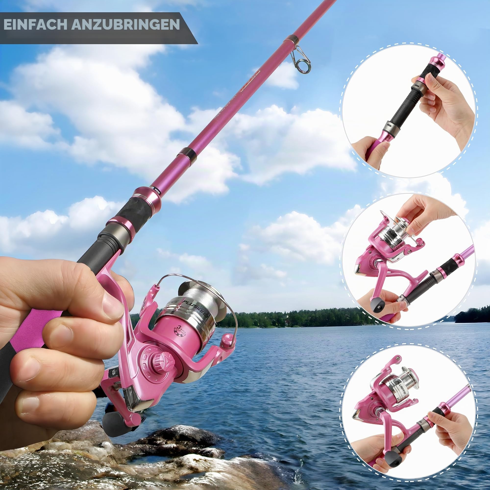 PLUSINNO Damen Rosa Teleskop-Angelrute und Rolle