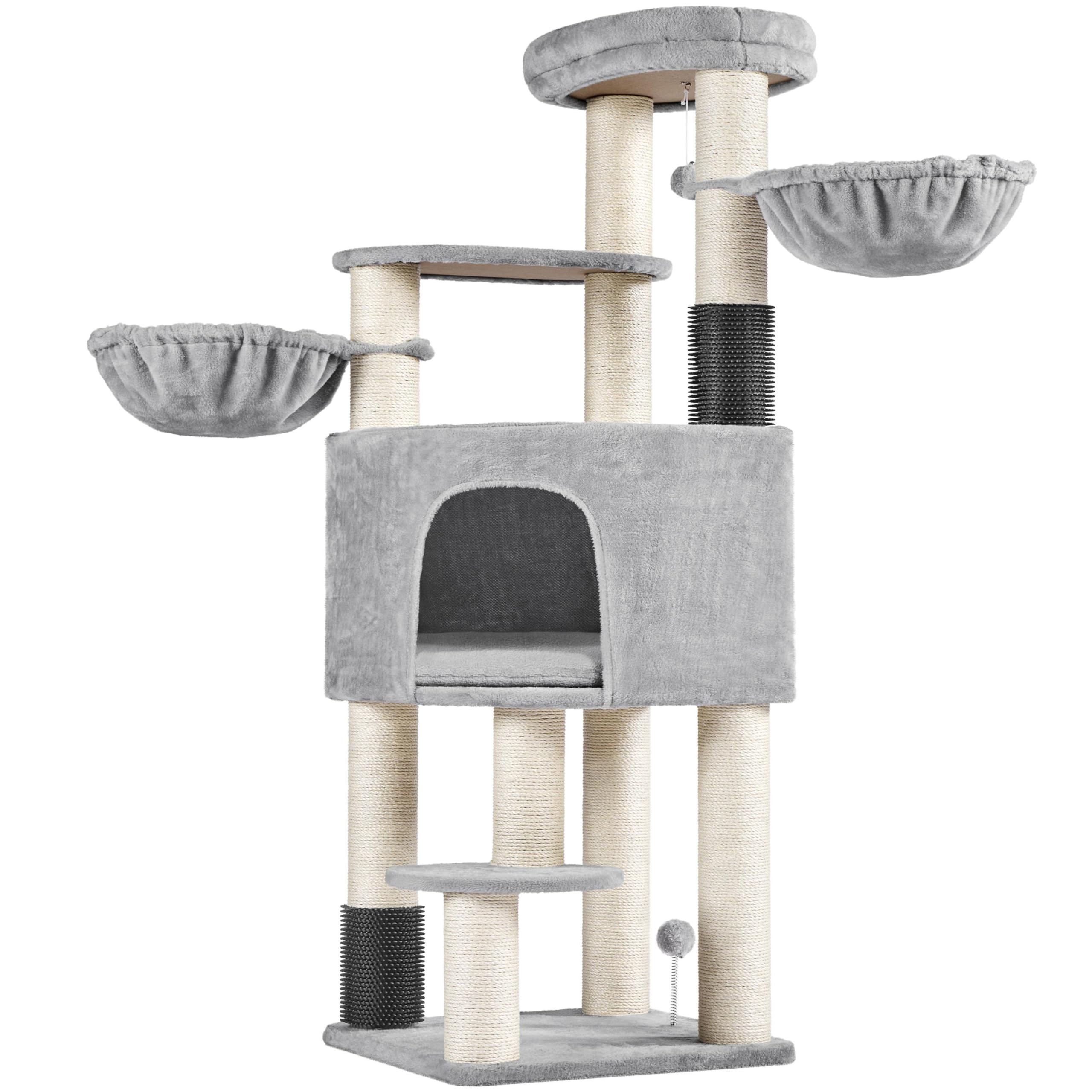 Abician Arbre à Chat XXL, Tour de Jeux pour Chat 25 KG, 56×56×160 cm, avec Griffoirs/Grande Niche/2 Panier/Perchoir/2 Jouets, Poteaux en Sisal 11 cm Ø Gris Clair/Beige