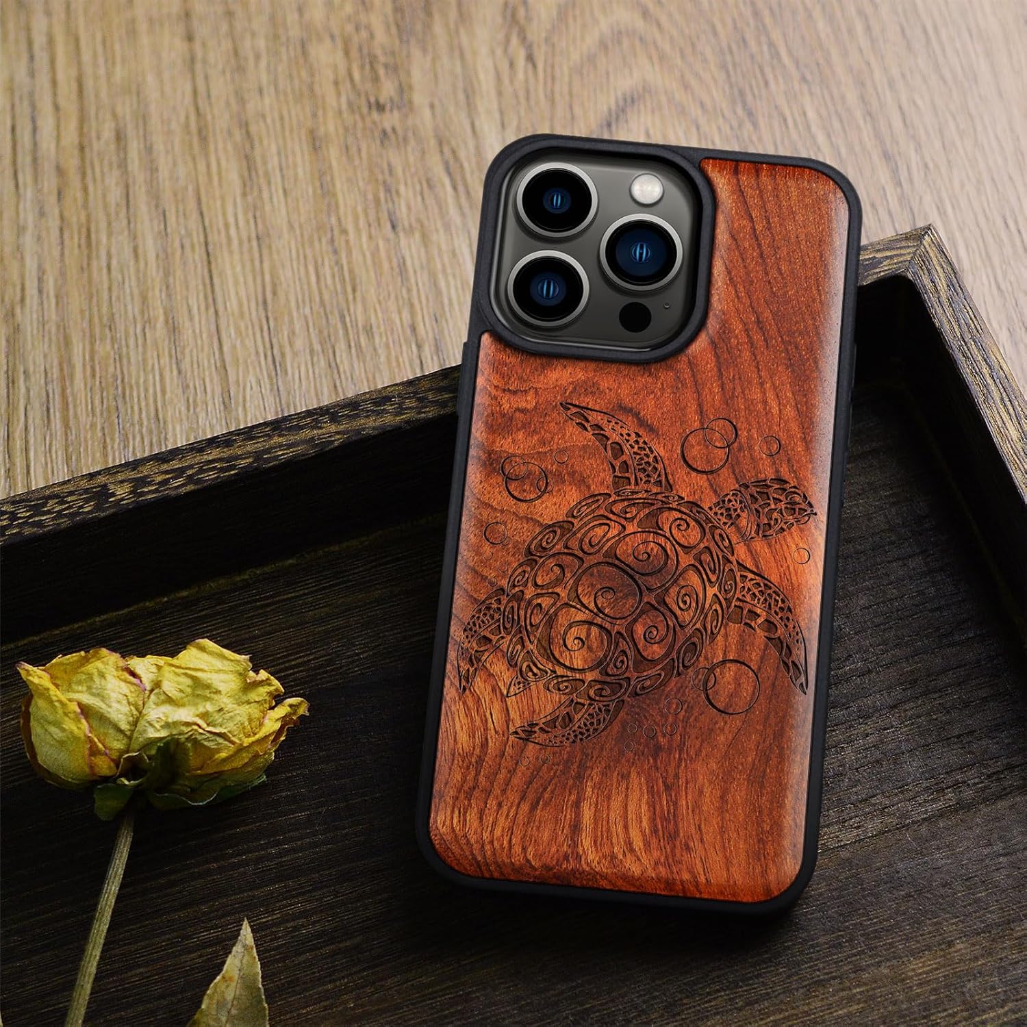 Carveit Magnetic Wooden Case for iPhone 15 Pro Case, Compatible with MagSafe Wireless Chargers, Black Soft TPU Shockproof Cover & Wood Artisan Engraved (Sea Turtle) - Rosy