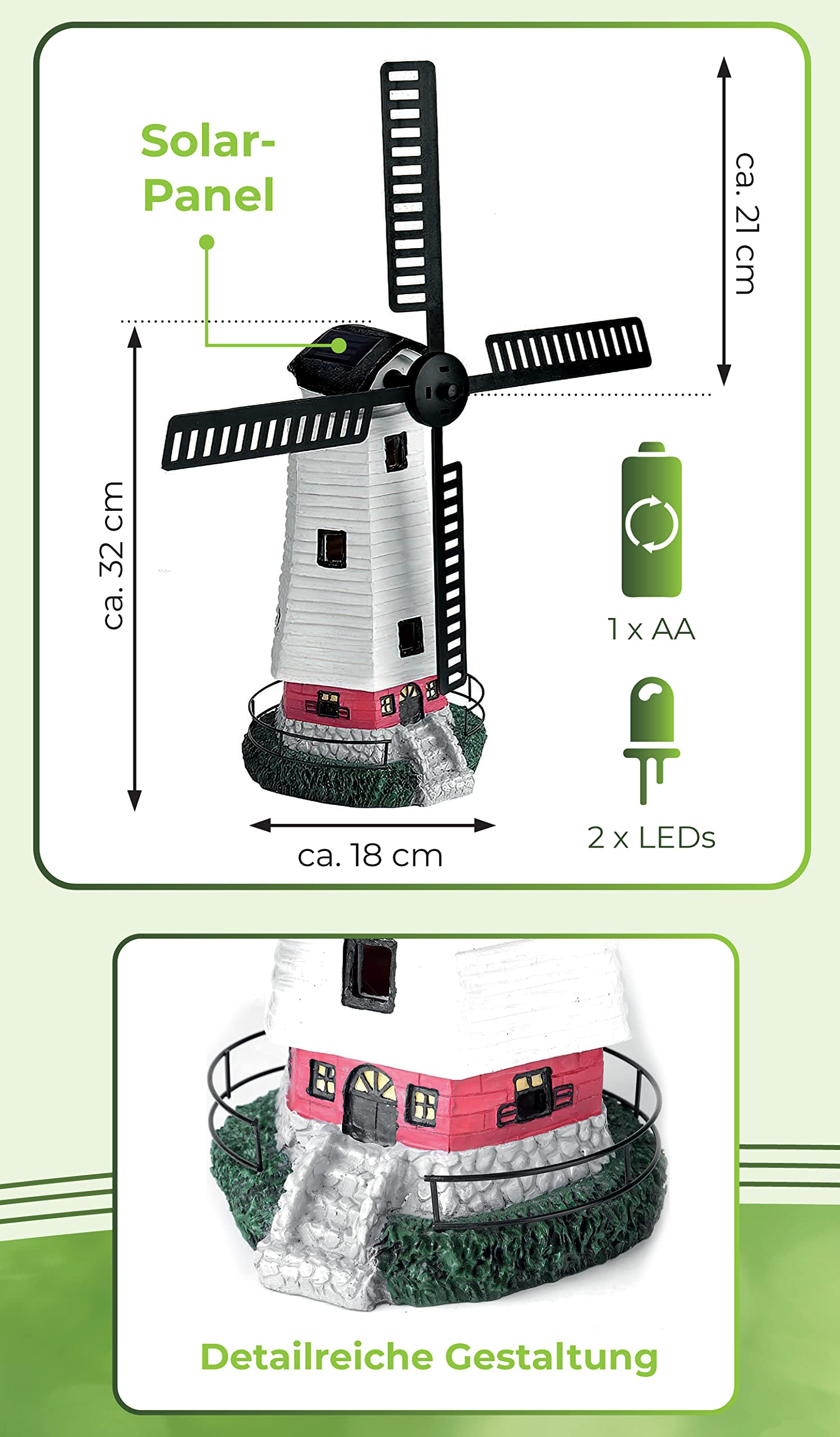 Solar Windmühle mit LED Licht für außen | die besondere Solarleuchte für den Garten | automatische EIN- und Ausschaltung | ca. 53 cm hoch, bewegliche Flügel