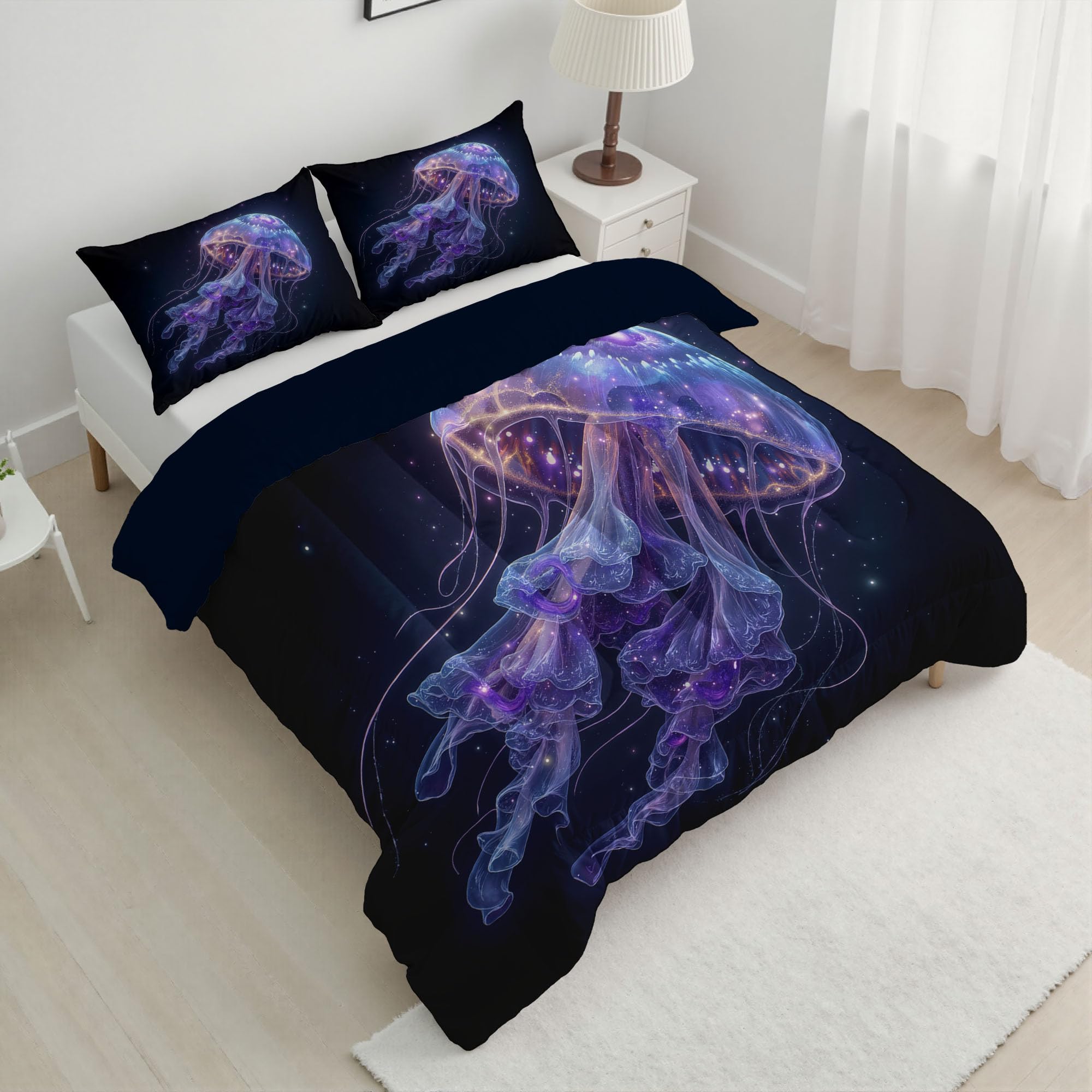 Trapunta Letto Singolo 4 Stagioni Piumone per Bambini, Medusa Viola Leggero Minimalismo Cielo Stellato Set di Biancheria da Letto 140x200cm con 1 Federe,Piumino Lavabile In Lavatrice