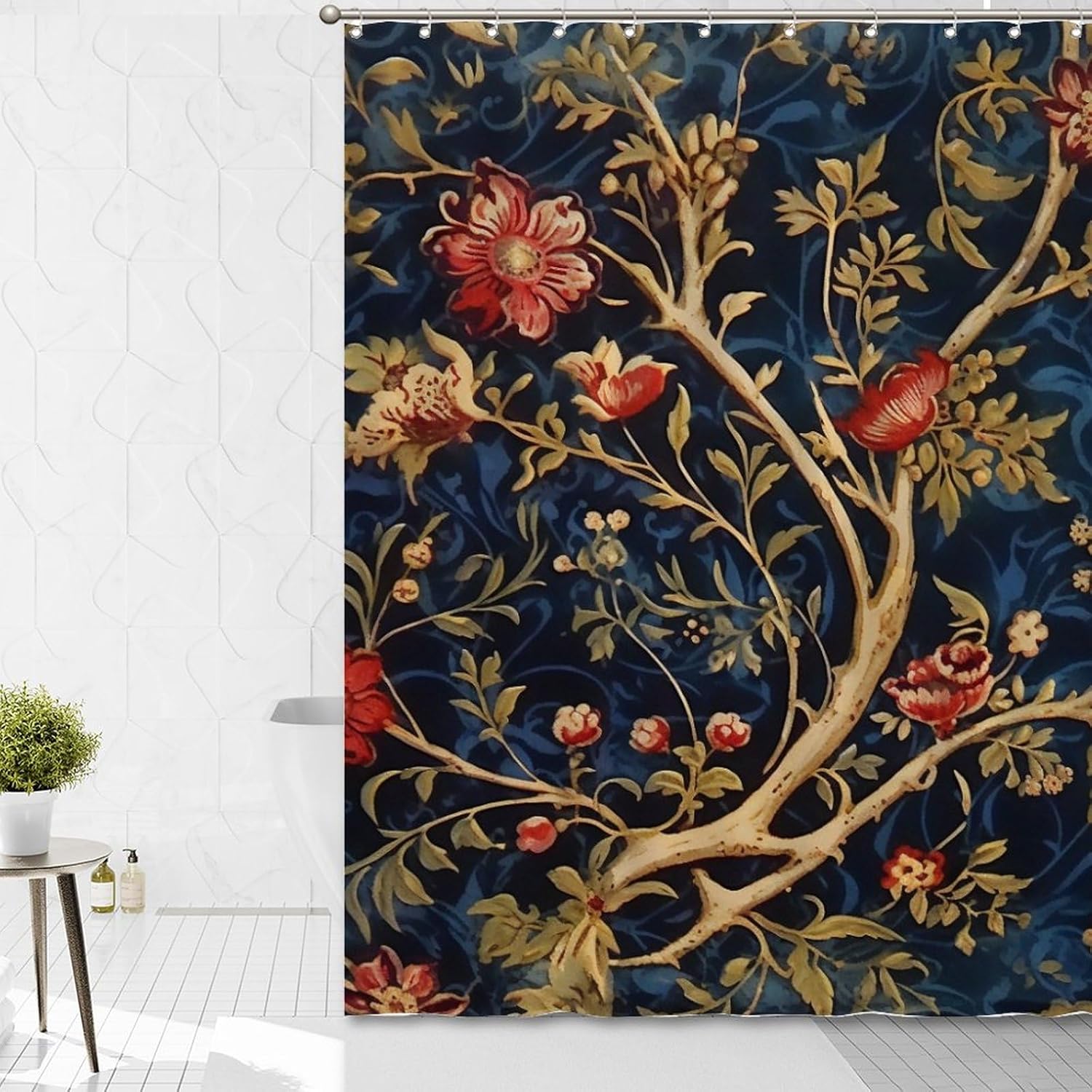 Navy Blue Burgundy Gold Floral Flower Shower Curtain Set with Hooks Chinoiserie Style Shower Curtain Asian Bath Curtains Bathroom Decor Polyester Fabric Shower Curtains with Holes