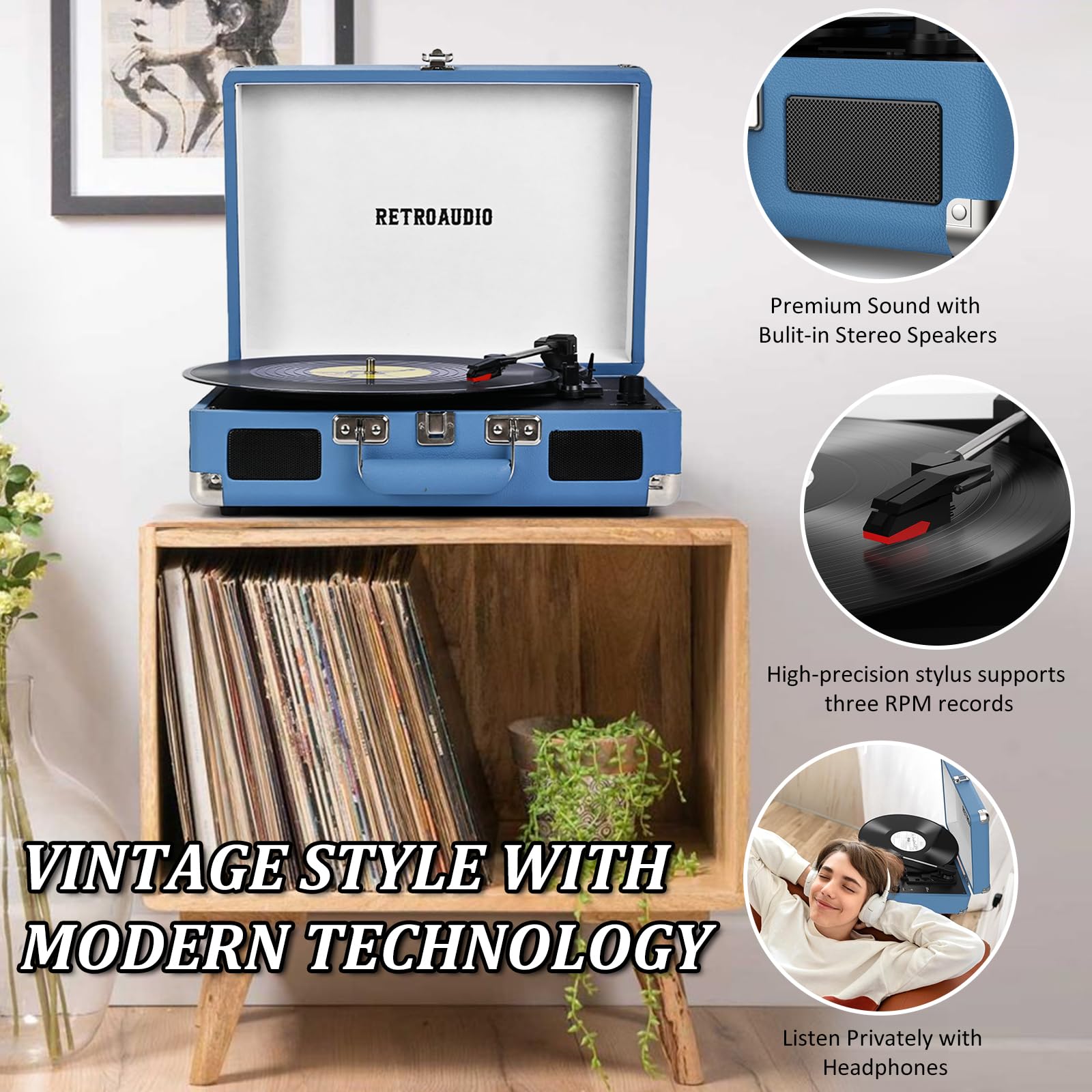 RetroAudio Odtwarzacz płyt winylowych Bluetooth Vintage Przenośna walizka gramofon z wbudowanymi głośnikami, 3-biegowy odtwarzacz płyt z napędem pasowym, obsługuje wyjście RCA i wyjście słuchawkowe