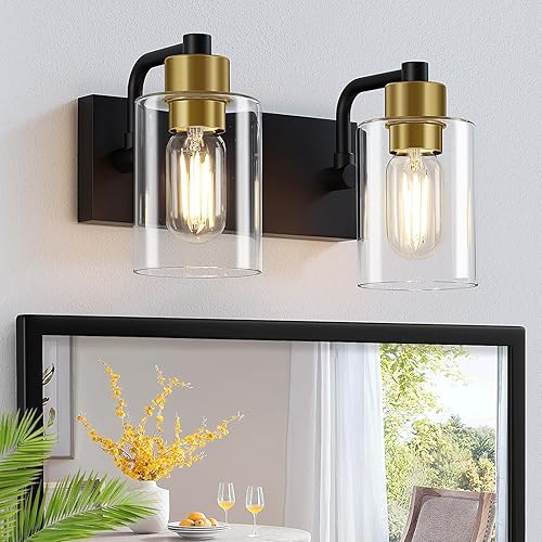 Miniatura 9 de Luces de Baño Negras Mate de 2 Luces Sobre Espejo con Pantalla de Vidrio Transparente, Luminarias Modernas de Baño para Cocina, Sala de Estar, Negro