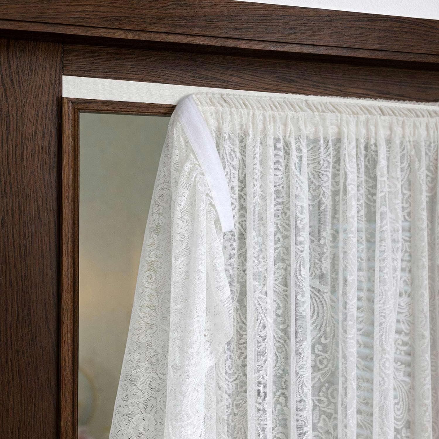 French Door Curtains Set of 2, No Drill Adhesive for Door Window Light Filtering and Privacy, Easy Install with Lace Bows (26" W x 73" L - White)
