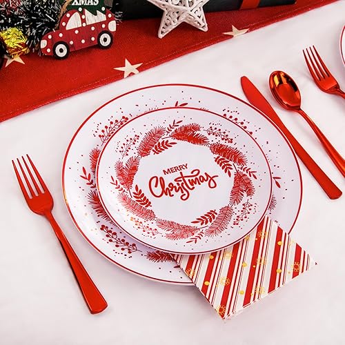 Miniatura 3 de Morejoy 175 platos de plástico de Navidad, platos de Navidad blancos y rojos desechables incluyen 25 platos de cena, 25 platos de ensalada, 25