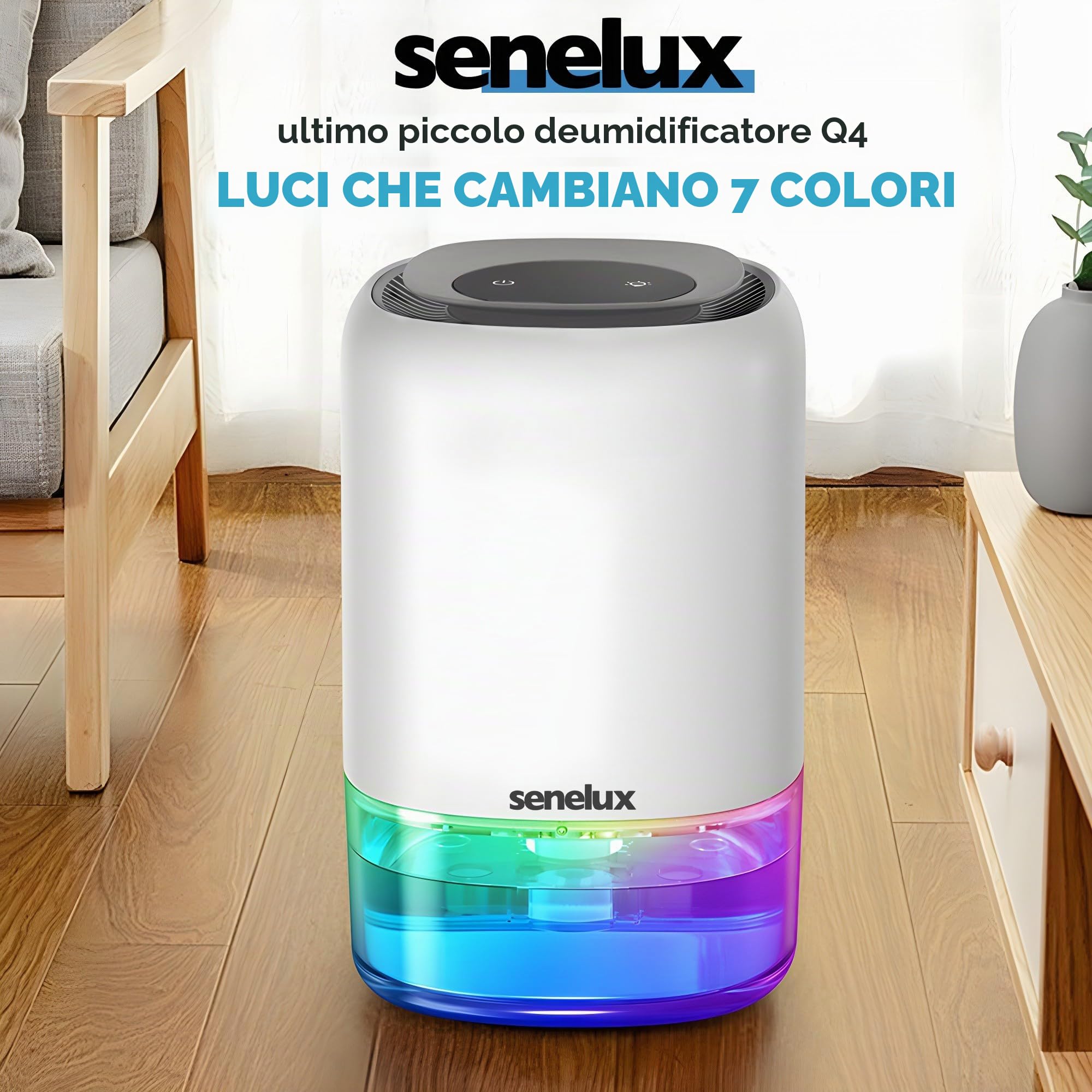 Senelux Deumidificatore elettrico 1100 ml per casa umida, piccolo portatile con 7 luci colorate, asciugatore vestiti, muffa, armadio, spegnimento automatico