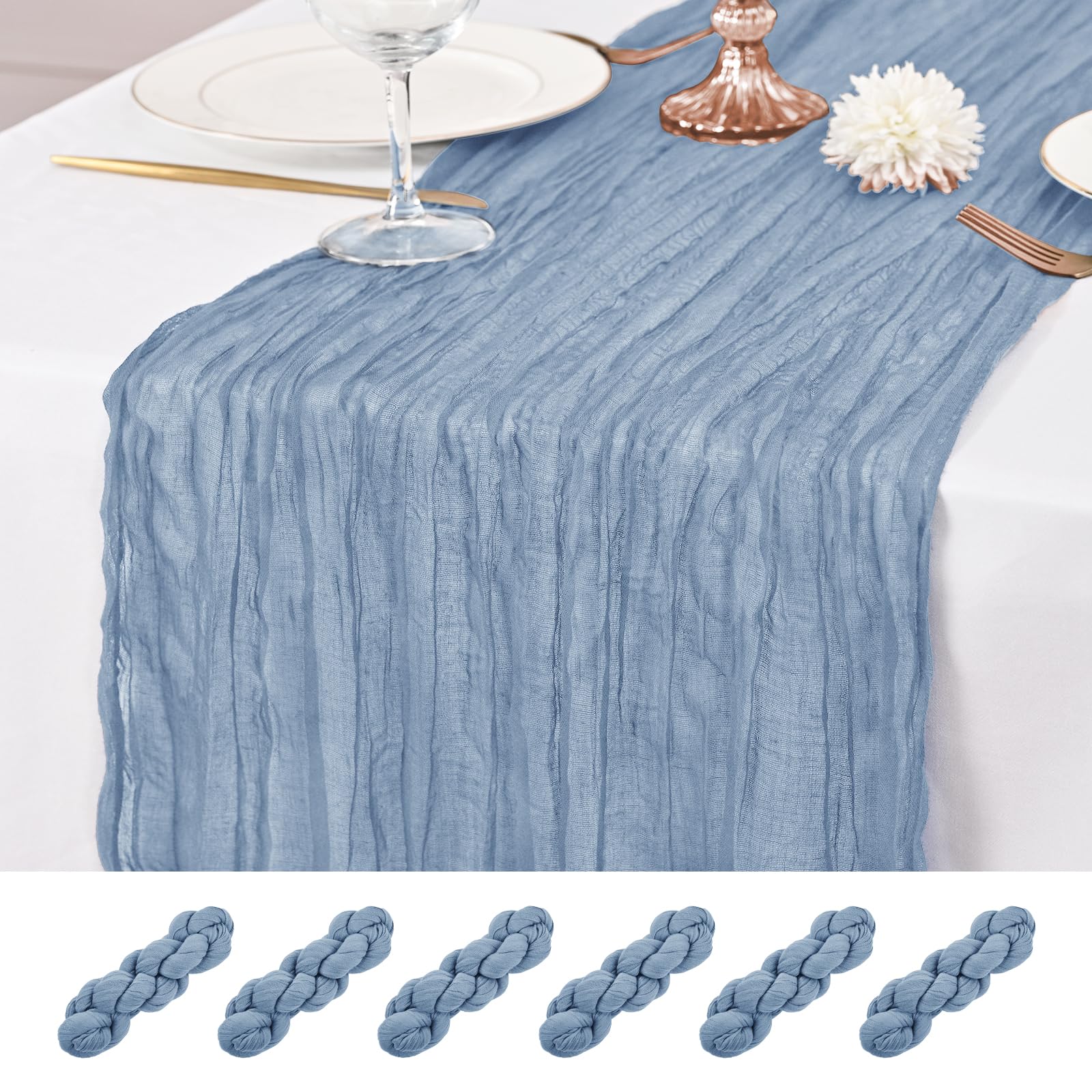 6 Pcs Dusty Blue Table Runner 10Ft Cheesecloth Table Runner 21x120 inch Rustic Gauze Table Runners Romantic Long Sheer Fabric Cheese Cloth Table Runners for Wedding Party Bridal Baby Shower