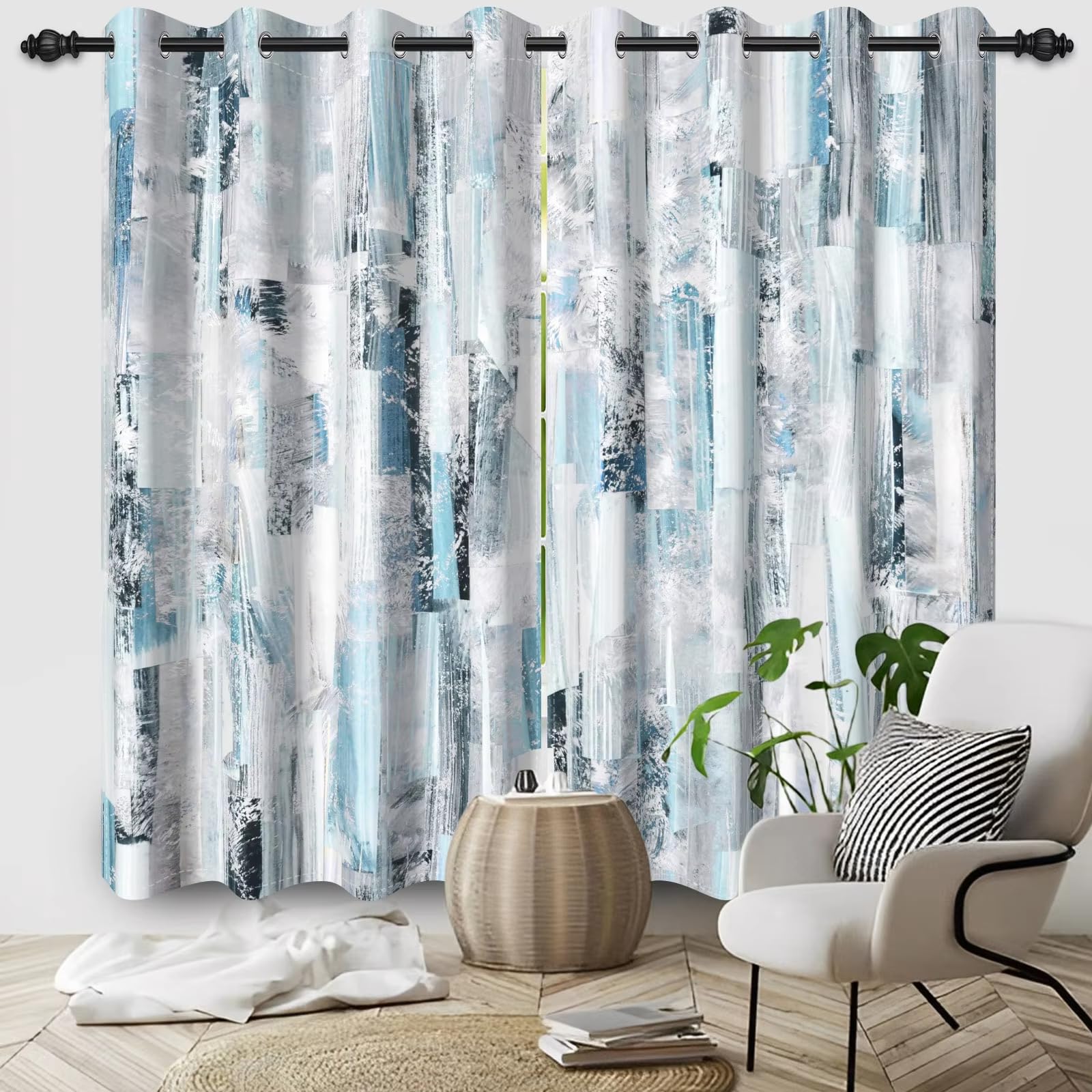 Cortinas opacas con diseño abstracto moderno, 95 % de opacidad, con estampado geométrico azul y gris, para ventana artística, para sala de estar, dormitorio y decoración. 100(W)x(H)178cmx2pcs