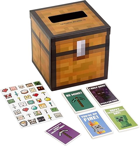 Hallmark - Tarjetas de San Valentín para niños y buzón para intercambio en el aula, diseño de Minecraft (1 caja, 32 tarjetas de San Valentín, 35
