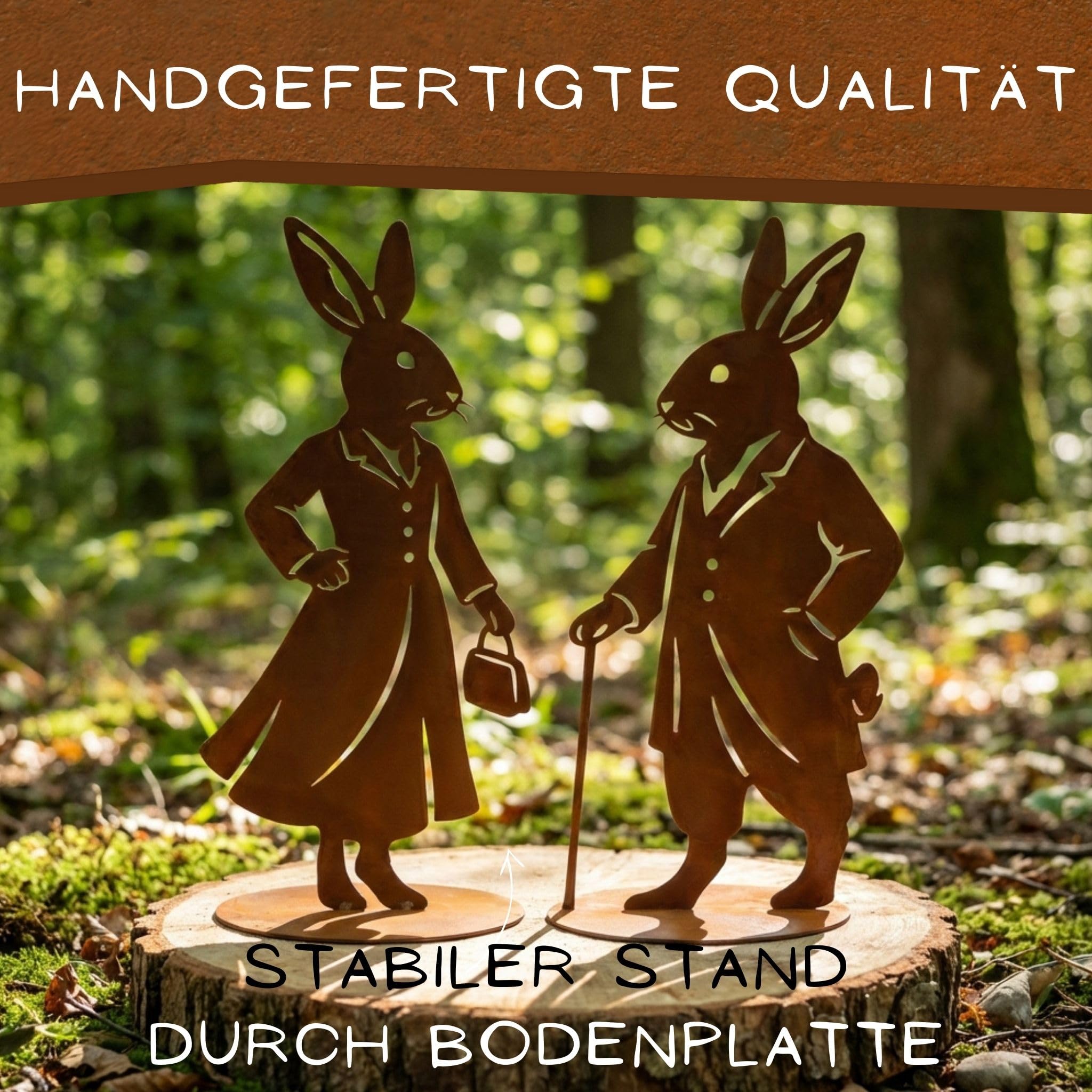 Rostikal Dekoratives Rost Hasenfiguren Set für Garten, Wohnbereich & Tischdeko – Osterdeko aus Metall mit Bodenplatte als stehende Hasen Dekofigur