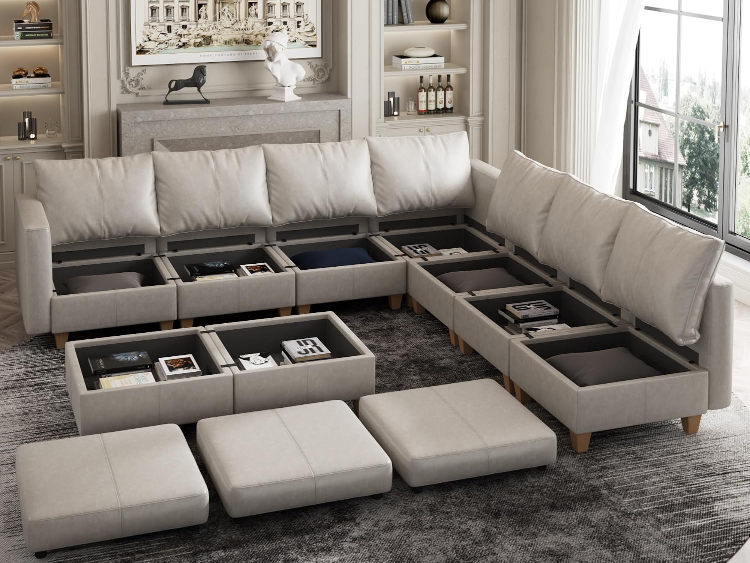 EASE MOOSE Modular Sectional Couch with Storage, Faux Leather Sectional Modular Sofa Sectional Sofa for Living Room Whitesand