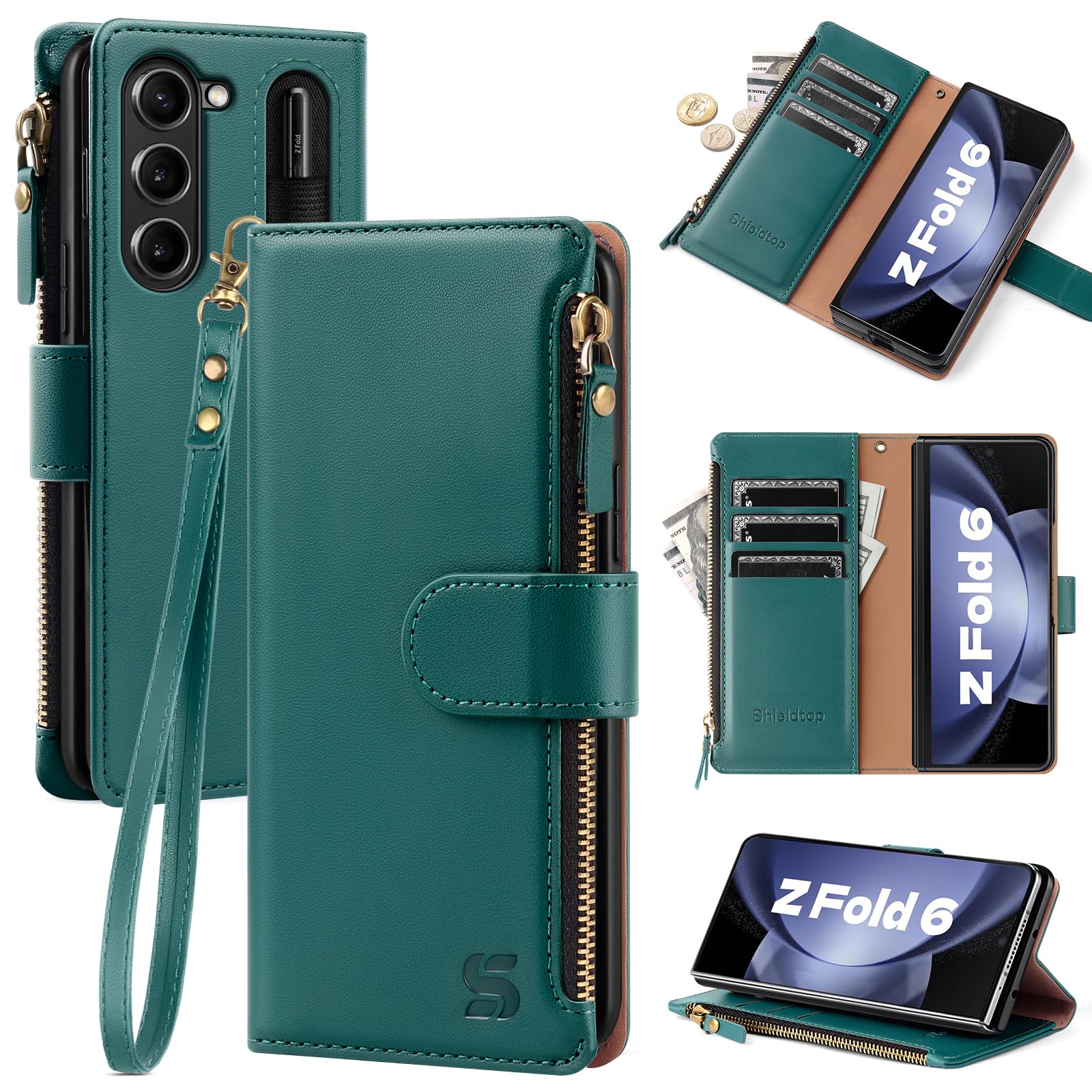 Shieldtop Compatible with Samsung Galaxy Z Fold 6 5G Wallet Case with S Pen Holder,Women Man RFID Blocking PU Leather Flip Phone Case Protective Cover