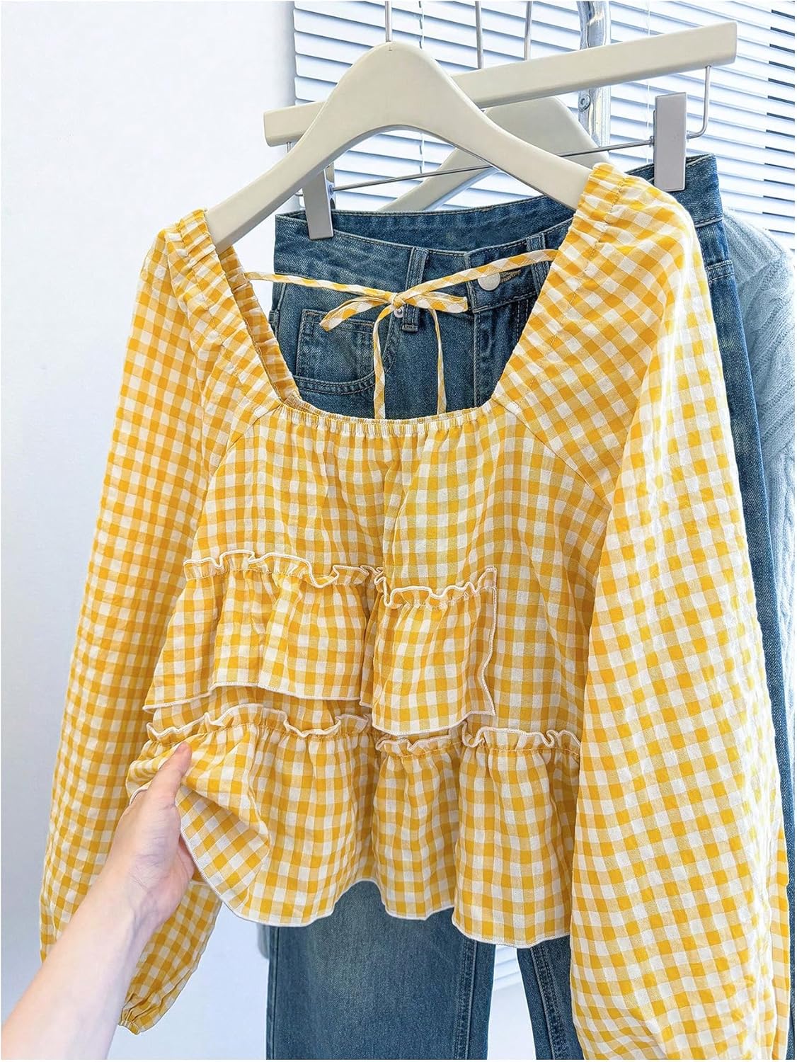 SHENHE Women's Plaid Long Puff Sleeve Ruffle Peplum Tie Back Blouse Cute Going Out Checkered Shirts - Image 5