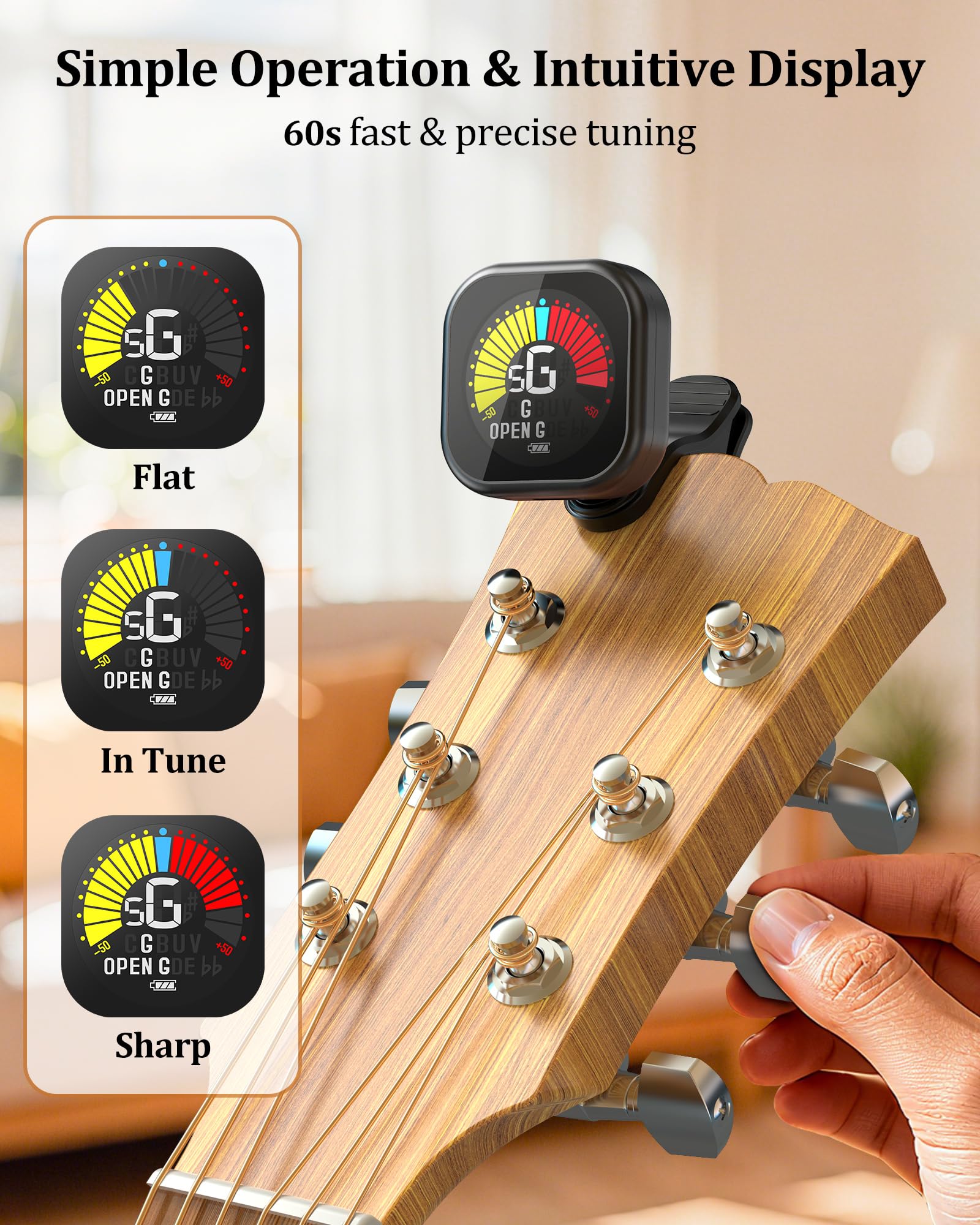 New Bee Guitar Tuner Clip On, Rechargeable Clip On Tuner for Guitar with LCD Display Guitar Tuners for Guitars Bass, Violin - Image 4