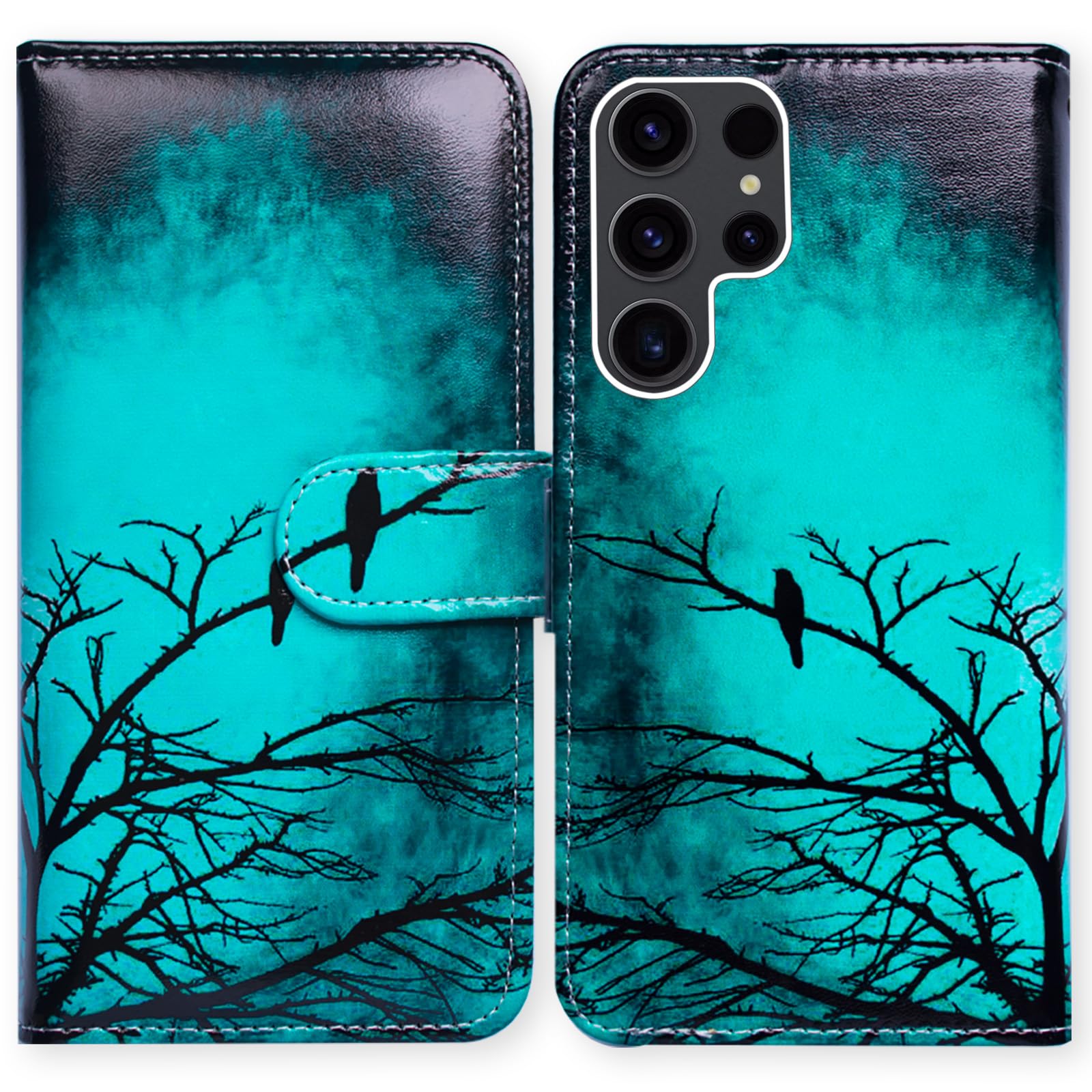 Bcov Case for Galaxy S24 Ultra,Black Bird Green Leather Flip Phone Case Wallet Cover with Card Slot Holder Kickstand for Samsung Galaxy S24 Ultra