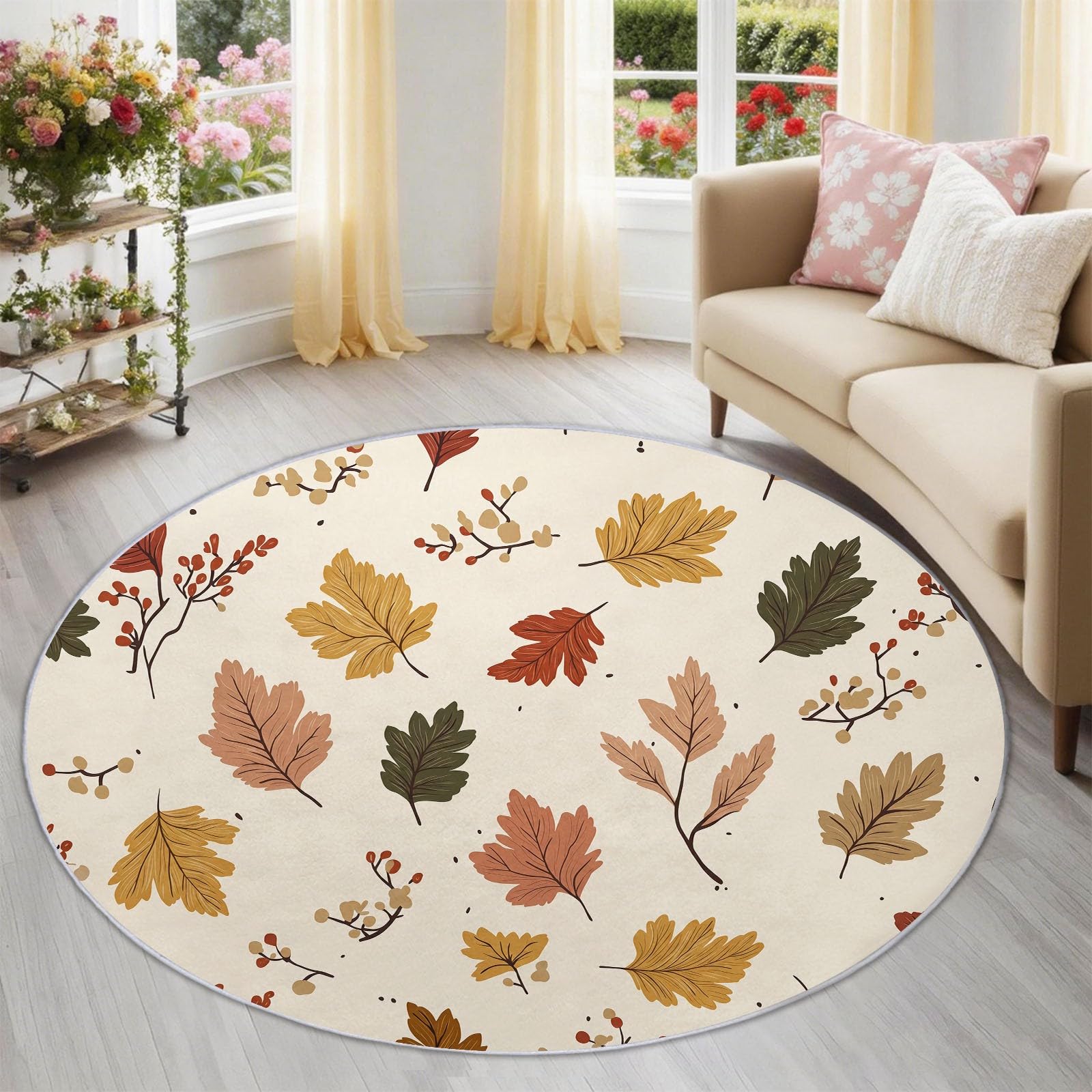 Tapis rond salon crème 150 cm au motif feuille brune moderne