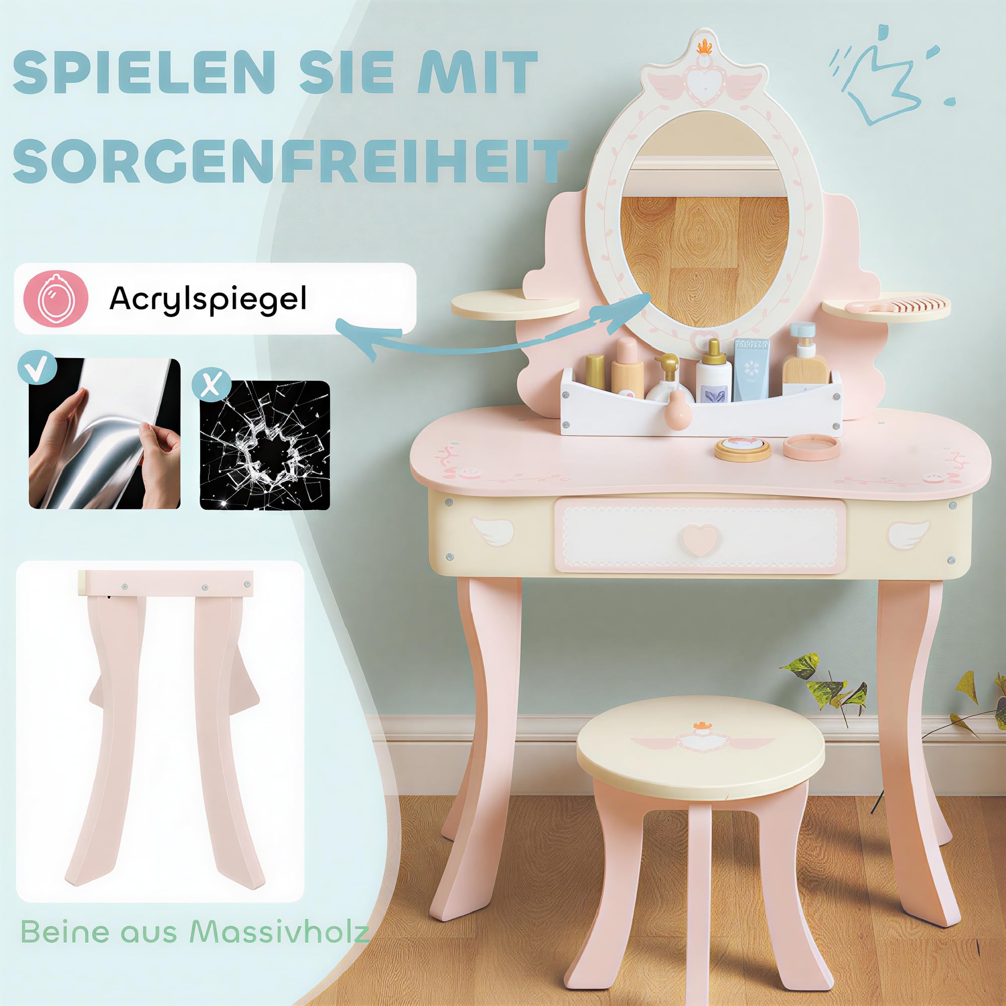 AIYAPLAY Schminktisch Kinder, 2-in-1 Kosmetiktisch mit abnehmbaren Spiegel, Schublade, Hocker, Regal, 7-teiligem Spielzubehör Schminktisch-Set für Kinder ab 3 Jahre, Rosa
