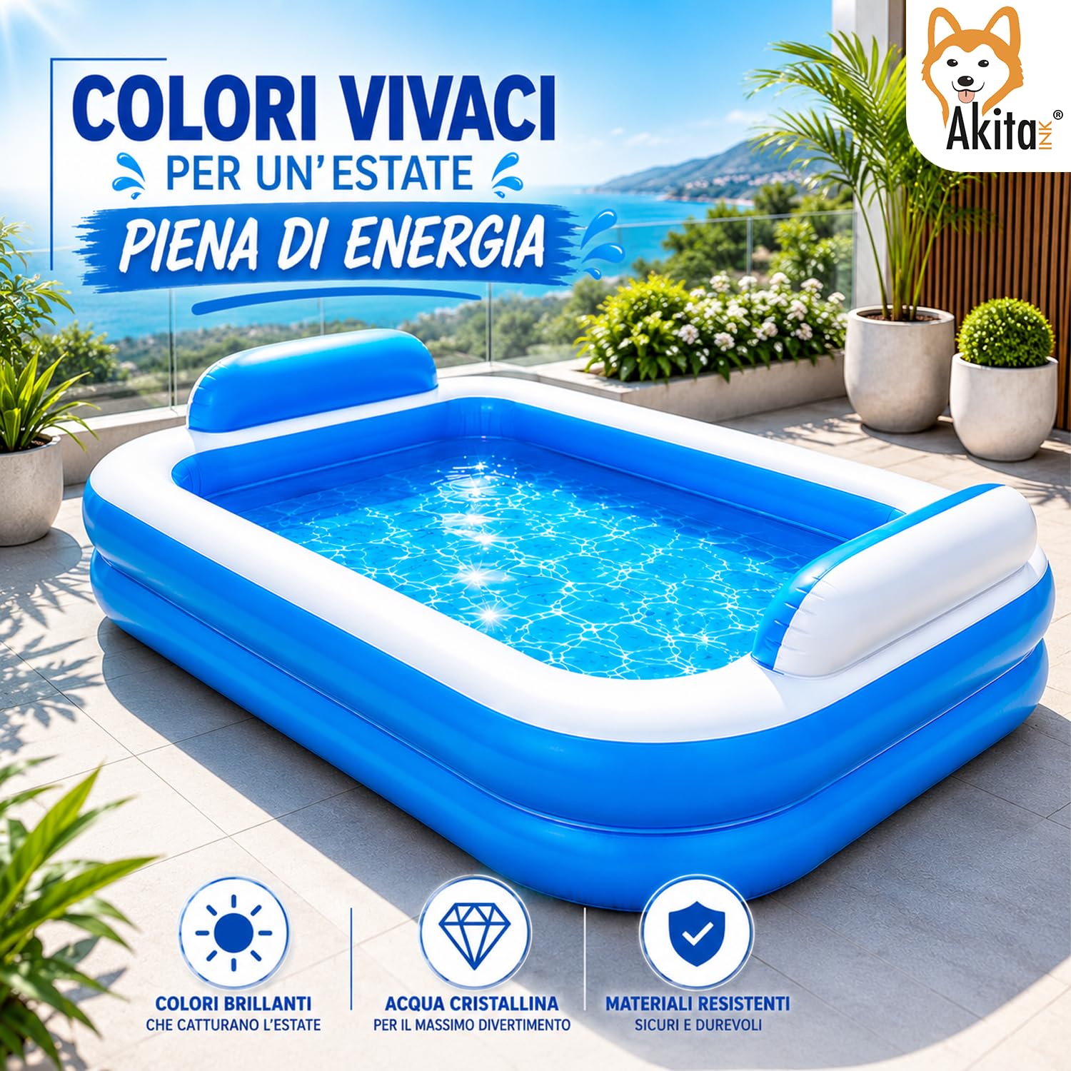 Akitaink Piscina Gonfiabile Rettangolare 266x175x50 cm con Cuscini Integrati, in Vinile Resistente per Bambini dai 3 Anni, Colore Azzurro e Bianco