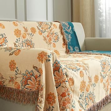 Bailix Premium Bohemian throw, 100% Cotton Cuddly Blanket with Fringes, Double-Sided Muslin, Boho Blanket, 200 x 230 cm, Cuddly Sofa Blanket and Bed Throw, Patchwork, Blanket for Room Orange/Beige
