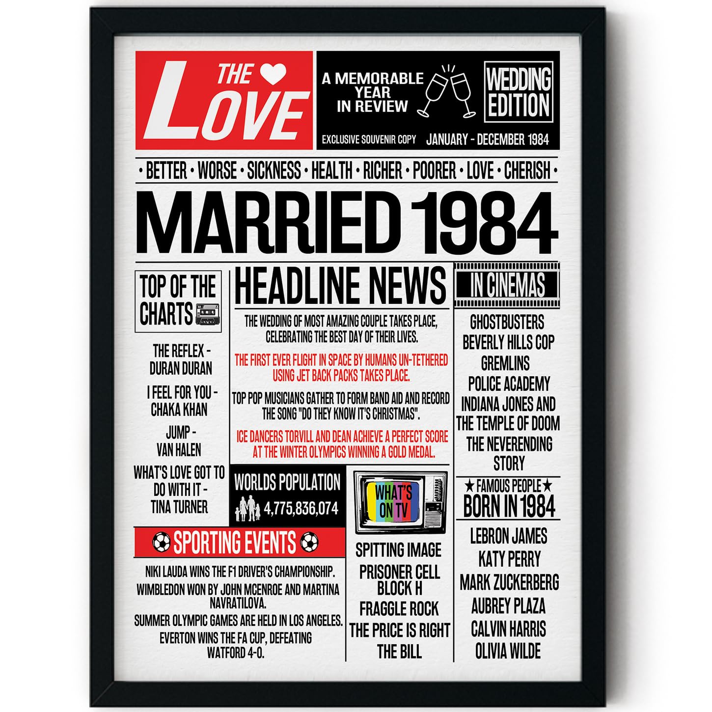 Stuff4 1984 Anniversary Poster Framed - Married In Newspaper - Happy Wedding Anniversary For Men Women Vintage Gifts Retro Back In 8X10 Inch Forty-First Anniversaries Posters 41St