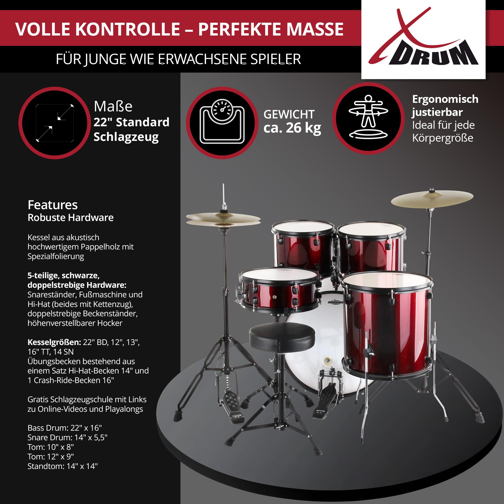 XDrum Rookie 22'' Fusion Batterie Ruby Red plus Set de Sourdines