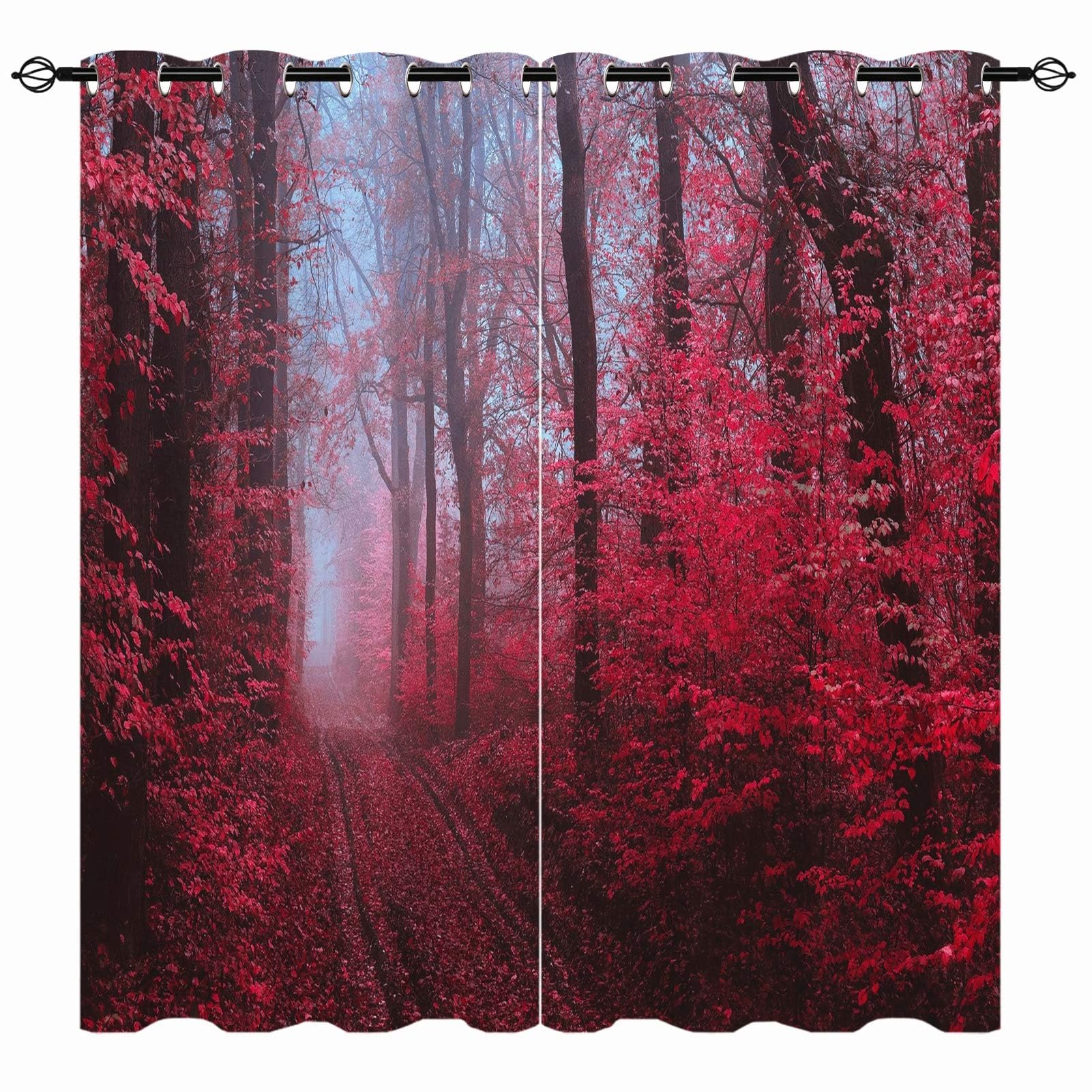 YUANZU Nature Curtains - Forest Trail Woodland Wild Red Tree Leaf Landscape Scenery Print Pattern Eyelet Blackout Thermal Room Darkening Window Drapes for Bedroom Living Room 2 Panels W229cm x D183cm โ image 1