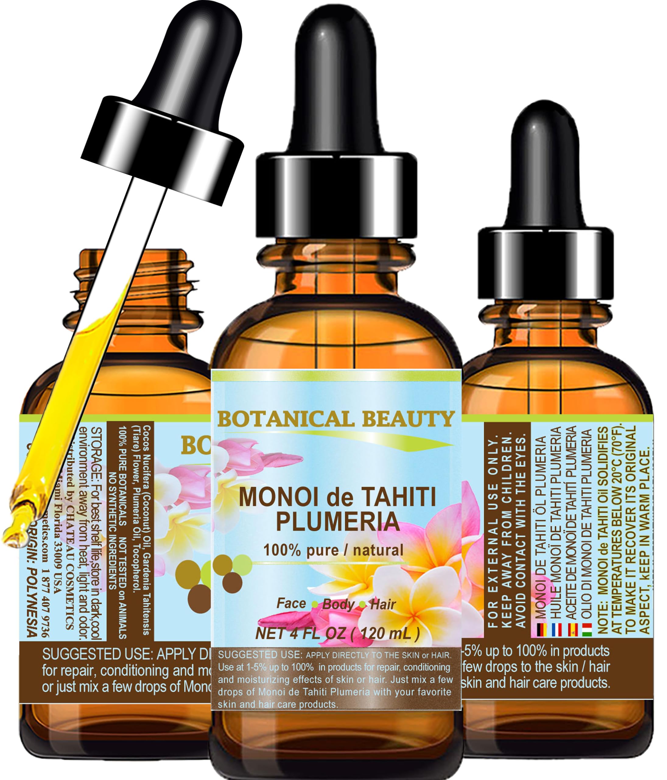 Botanical Beauty MONOI DE TAHITI PLUMERIA OIL Frangipani Pure Natural Virgin Unrefined RAW 4 Fl. Oz.- 120 ml for FACE, SKIN, BODY, HAIR, NAILS