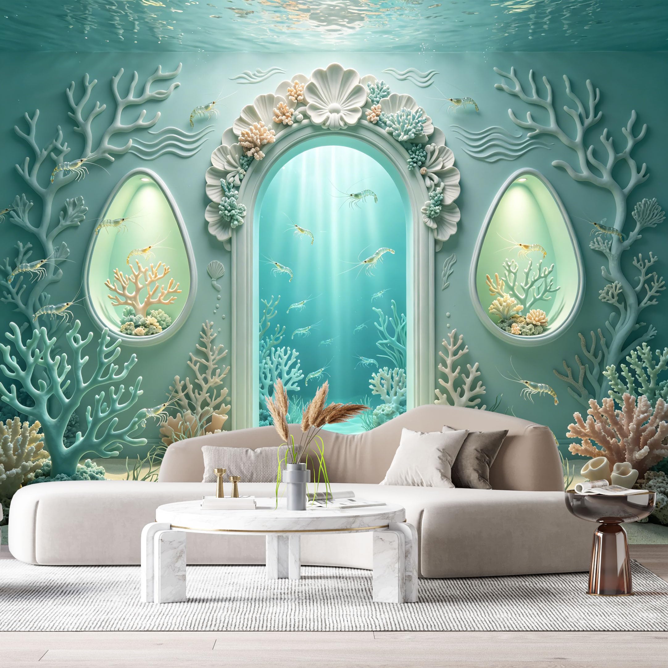Custom Size Wall Murals Ocean Marine Underwater Palace Coral Archway 3D Trompe L'Oeil SelfAdhesiveWall Fabric Removable Wallpaper Wall Decor for Living Room Bedroom Bathroom