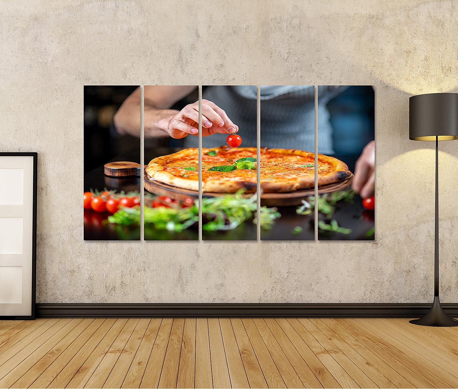 islandburner Quadro su tela Il pizzaiolo prepara il condimento per la pizza italiana Il negozio di kebab La pizzeria Spuntino veloce Quadri Stampe Immagini Murale Decorazione da parete