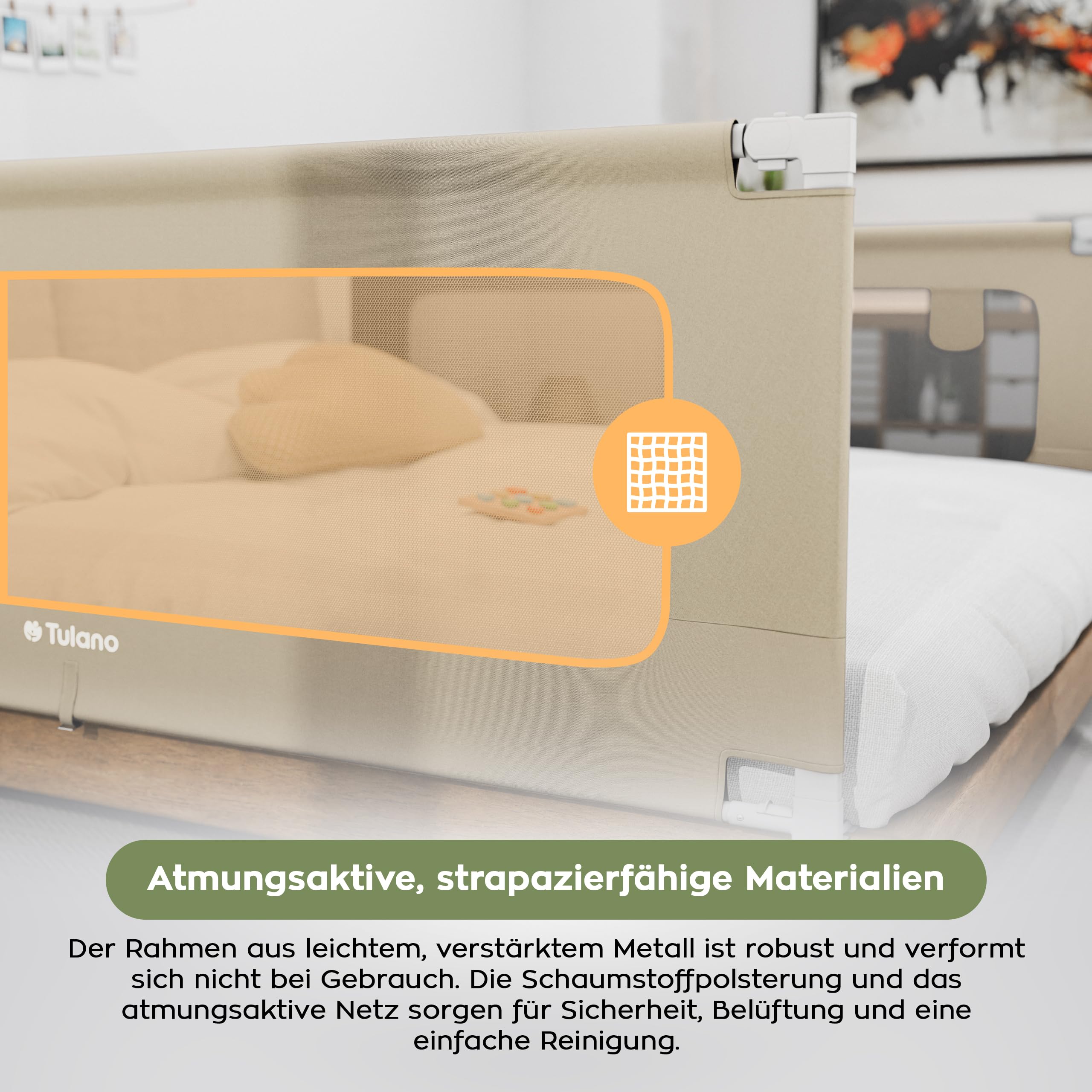 TULANO Cover 48 Bettgitter Kinderbett - Sicherheitsgitter Absenkfunktion | 18-Fach höhenverstellbar - Bettschutzgitter 180 cm - Rausfallschutz für Standardbetten - Für Matratzen 10–28 cm - Beige