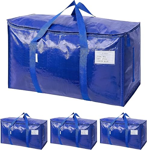 Large Moving Bags with Zipper and Handles, Heavy Duty Storage Bags for Clothes Moving, Waterproof Packing Bags 22kg Capacity (73 x 35 x 37 cm), 97L,4 Pack, Blue