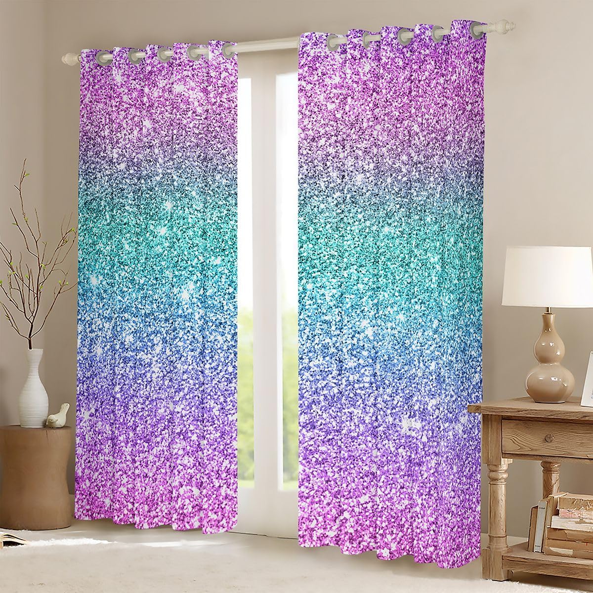 Feelyou Teal Pink Glitter Curtains for Girls Bedroom Rod Pocket Kids Sparkle Mermaid Curtains Girly Turquoise Pastel Window Treatment Drapes 52W x 63L Inches 2 Panels (No Glitter)