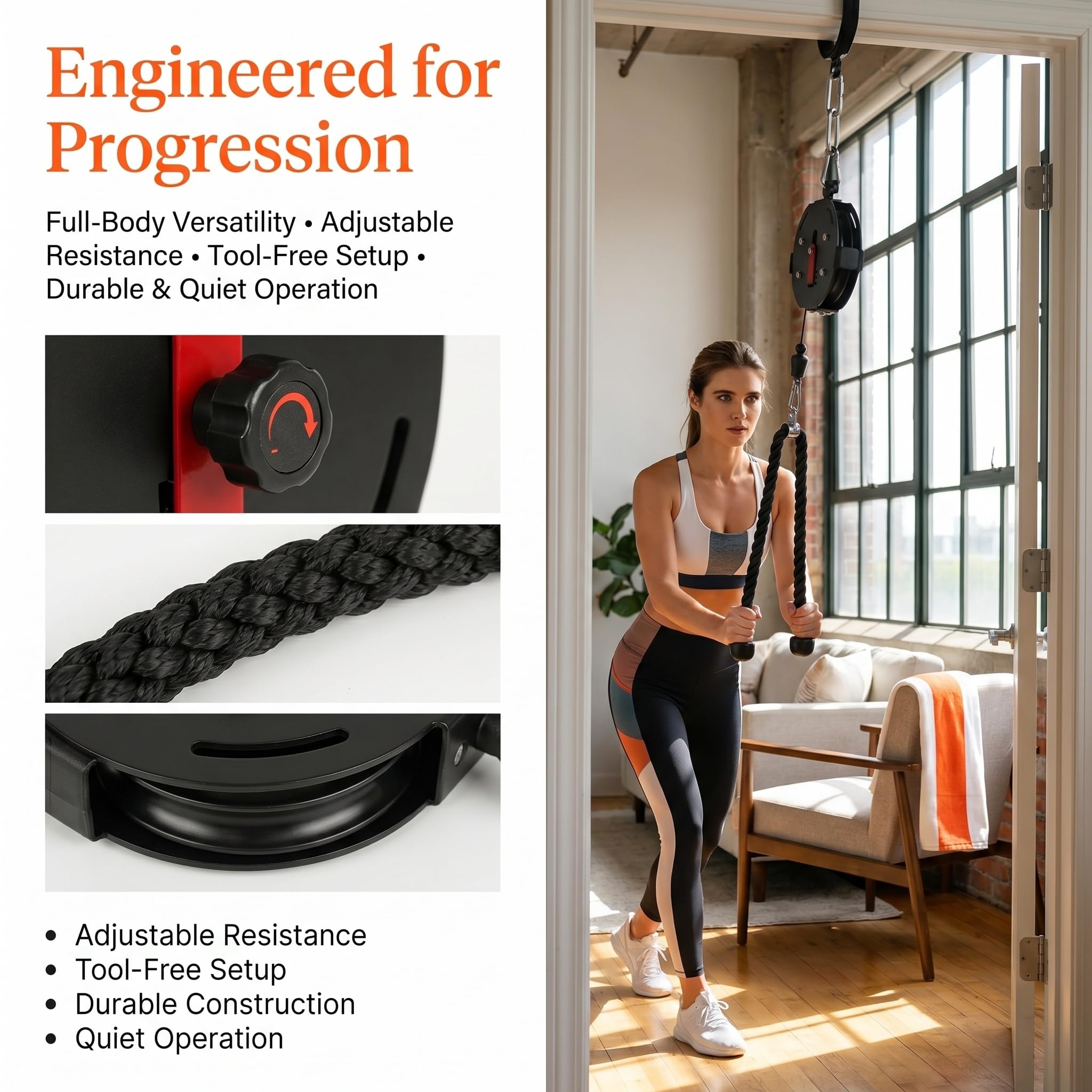 Sistema Compacto De Poleas Y Cuerda Sin Fin: Sistema De Poleas Y Cables Ajustables para Entrenamientos En Casa, Espacios Pequeños Y Rutinas De Ejercicios De Cuerpo Completo.