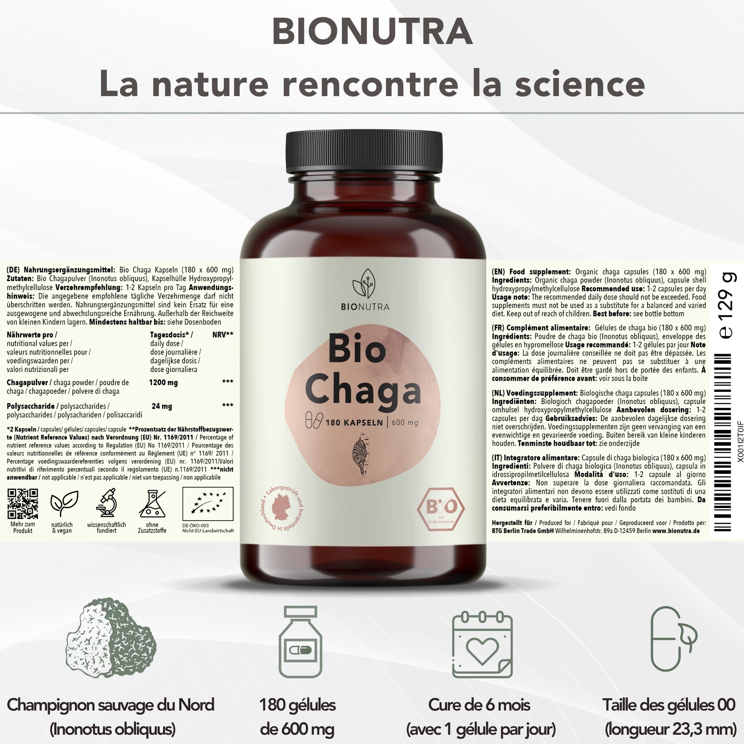 BIONUTRA® Gélules de Chaga bio hautement dosées, 1200 mg/jour, contrôlées résidus, fabrication allemande, véganes, sans lactose ni gluten, sans additifs, champignon Chaga bio, 180 pièces x 600 mg