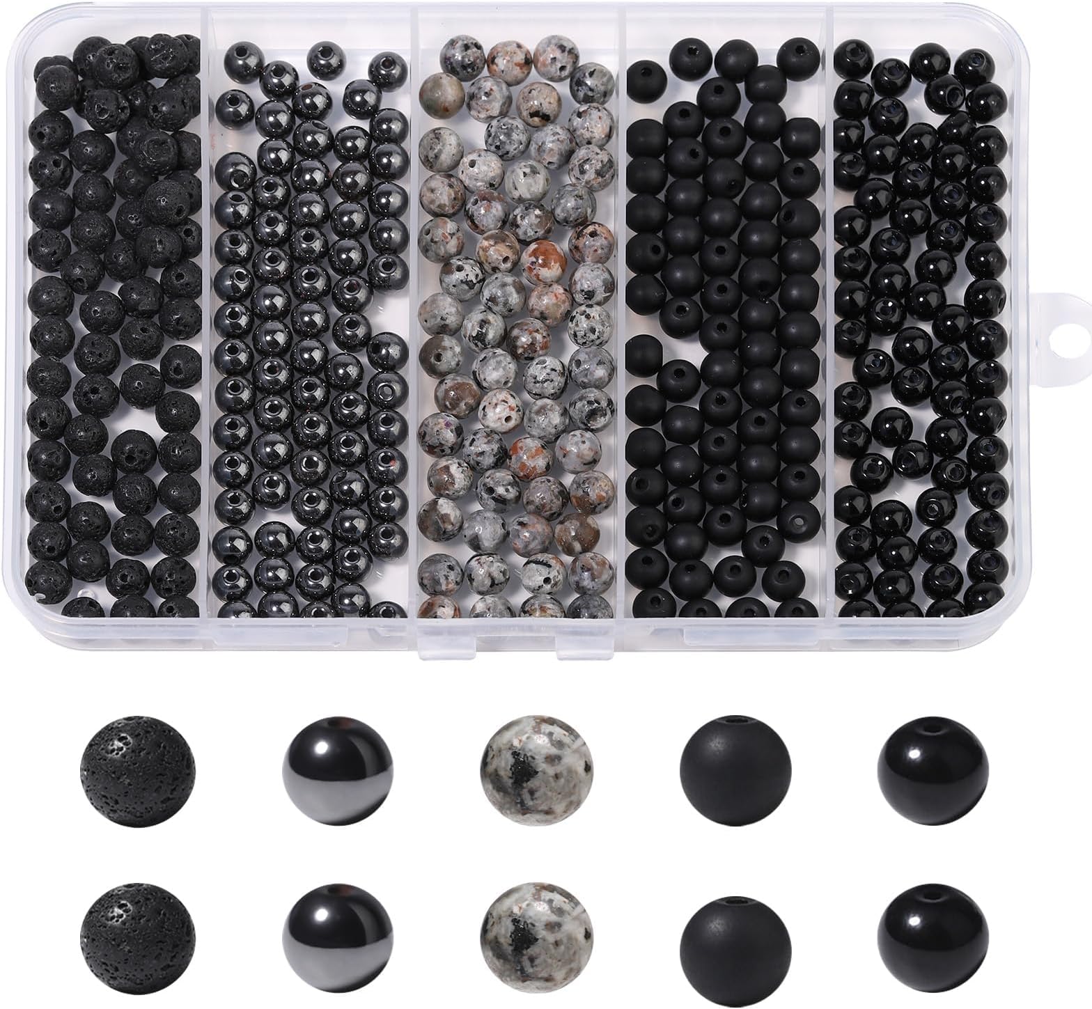 Songxi 300PCS Black Stone Beads Bracelet Making Kit, 8mm Round Loose Crystal Gemstone & Glass Beads for DIY Jewelry Making
