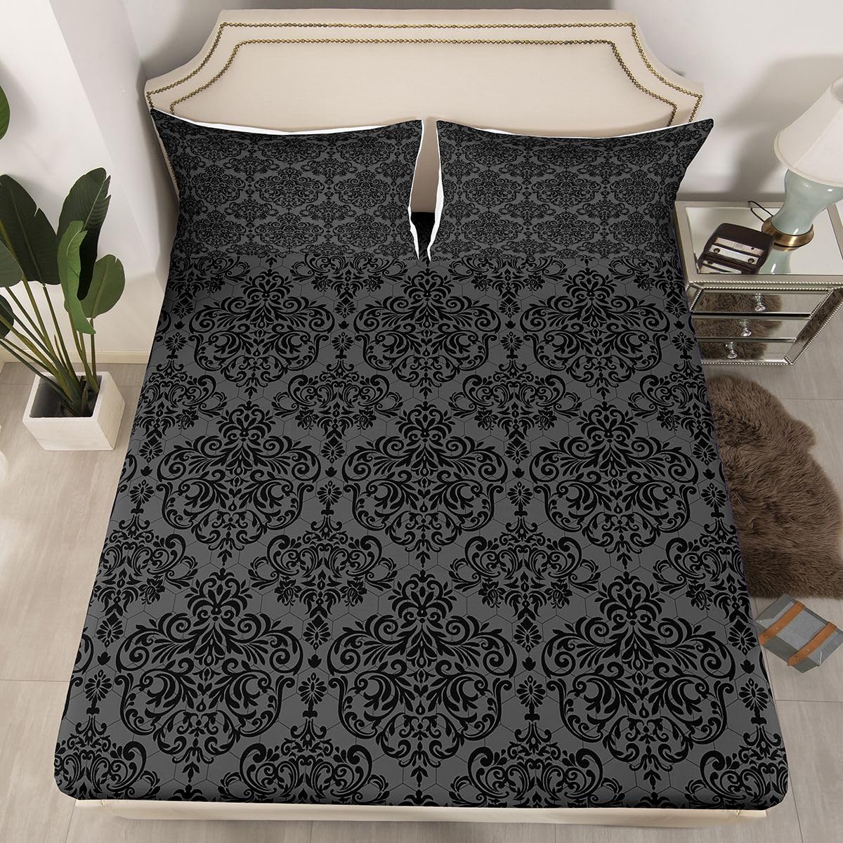 Homemissing Drap-housse style Empire damassé noir pour enfants, garçons et filles - Motif floral gothique - Décoration de chambre à coucher - Drap-housse de luxe en jacquard royal avec 2 taies