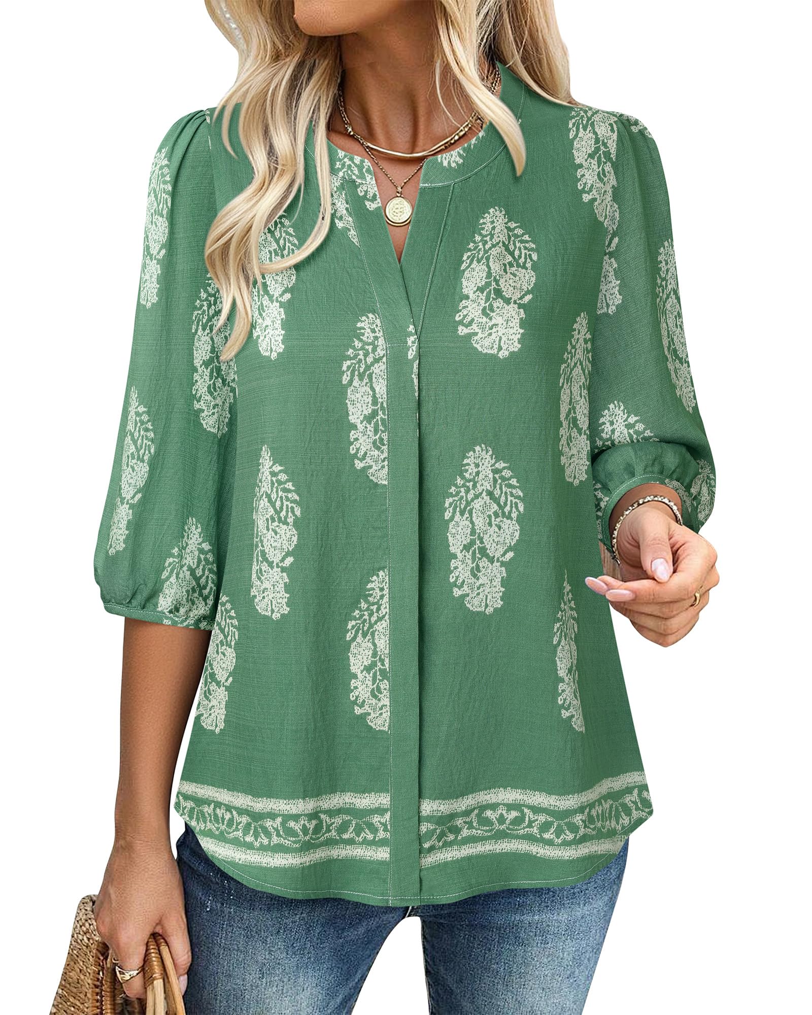 Womens Summer Tops 3/4 Puff Sleeve V-Neck Dressy Casual Blouses Boho Floral Shirts