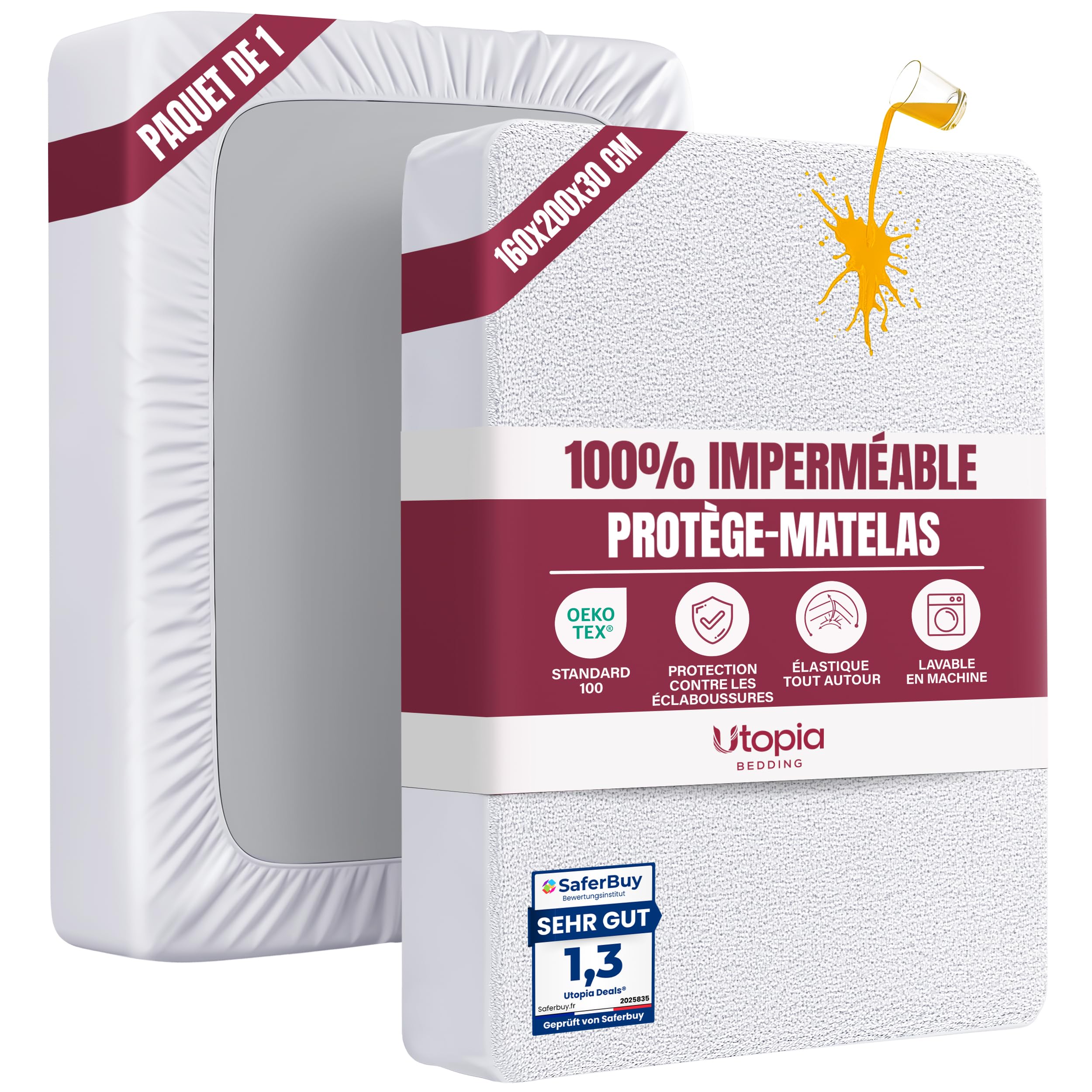 Utopia Bedding Matrasbeschermer 200 x 200 x 30 cm Waterdicht, Gecertificeerd Oeko-Tex, Ademend Matrasbeschermhoes, Rondom Elastisch Wit