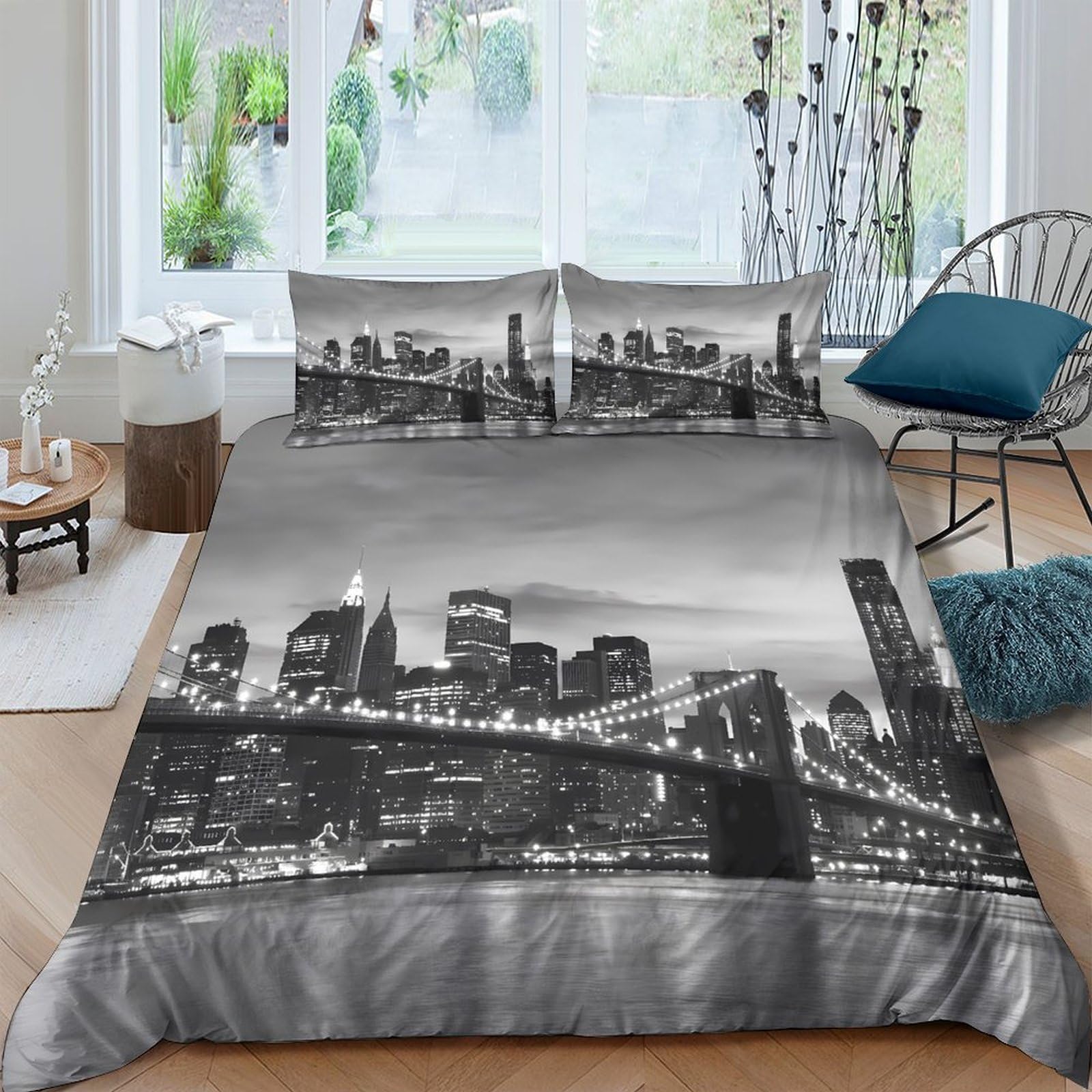 Ctjqhvkz Style-6 3D Printed City Skyline Fitted Sheet Microfiber Black White Night View Mattress Cover For Bedroom Guestroom Decor Single（135X200cm）