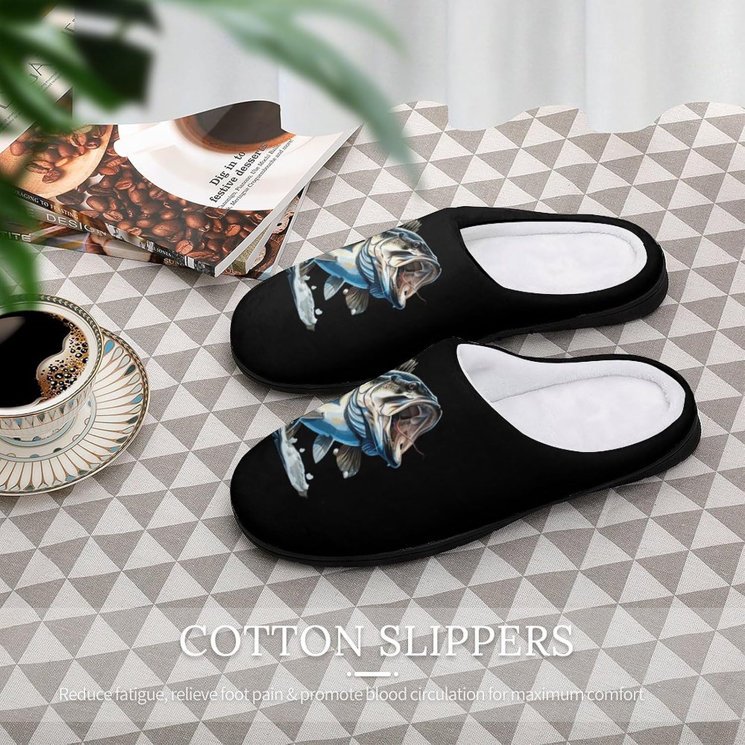 Bass Fishing Men's Cotton Slippers Closed Toe House Shoes Non-Slip Lightweight Slippers for Indoor Outdoor