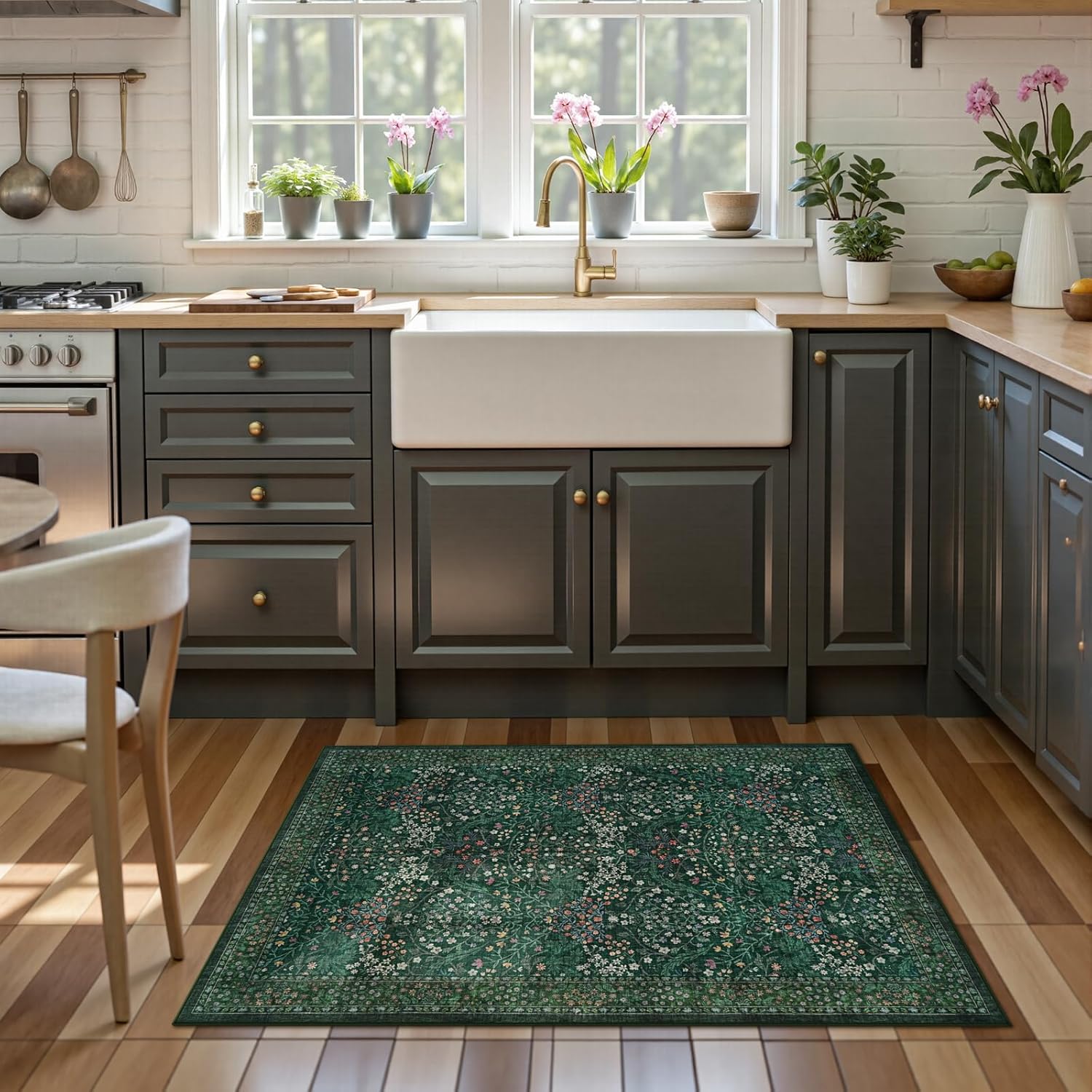 LIVEBOX Dark Green Floral Entryway Rug 2x3 Washable Rugs for Kitchen, Boho Non Slip Indoor Door Mat Entrance, Vintage Green Forest Small Low Pile Ultra Thin Throw Carpet for Bedroom Bathroom Laundry - Image 3