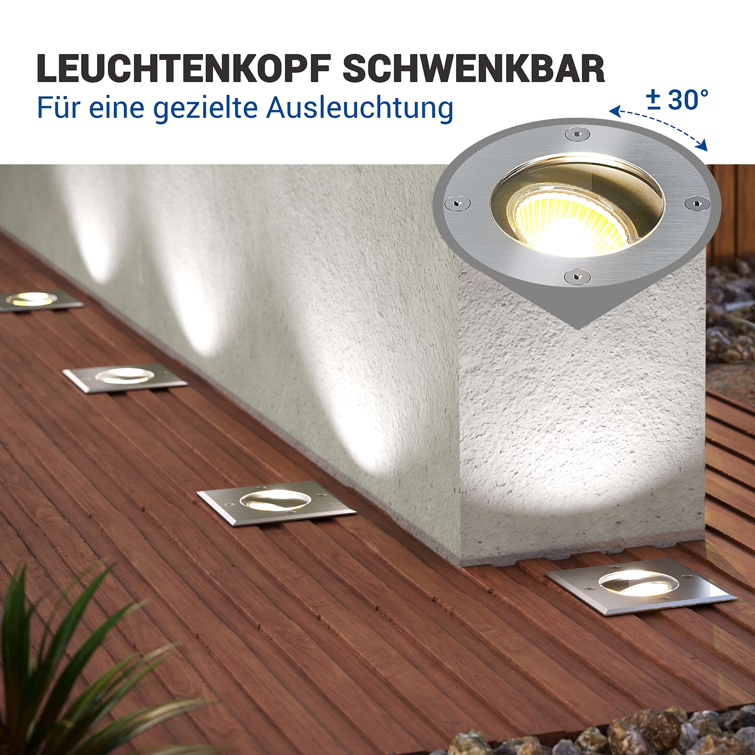 lambado® LED Bodeneinbaustrahler für Aussen IP67 - Wasserdicht & Befahrbar inkl. 5W 230V GU10 Strahler warmweiss - Bodenstrahler/Bodenleuchte Eckig aus Edelstahl für Terrasse & Garten