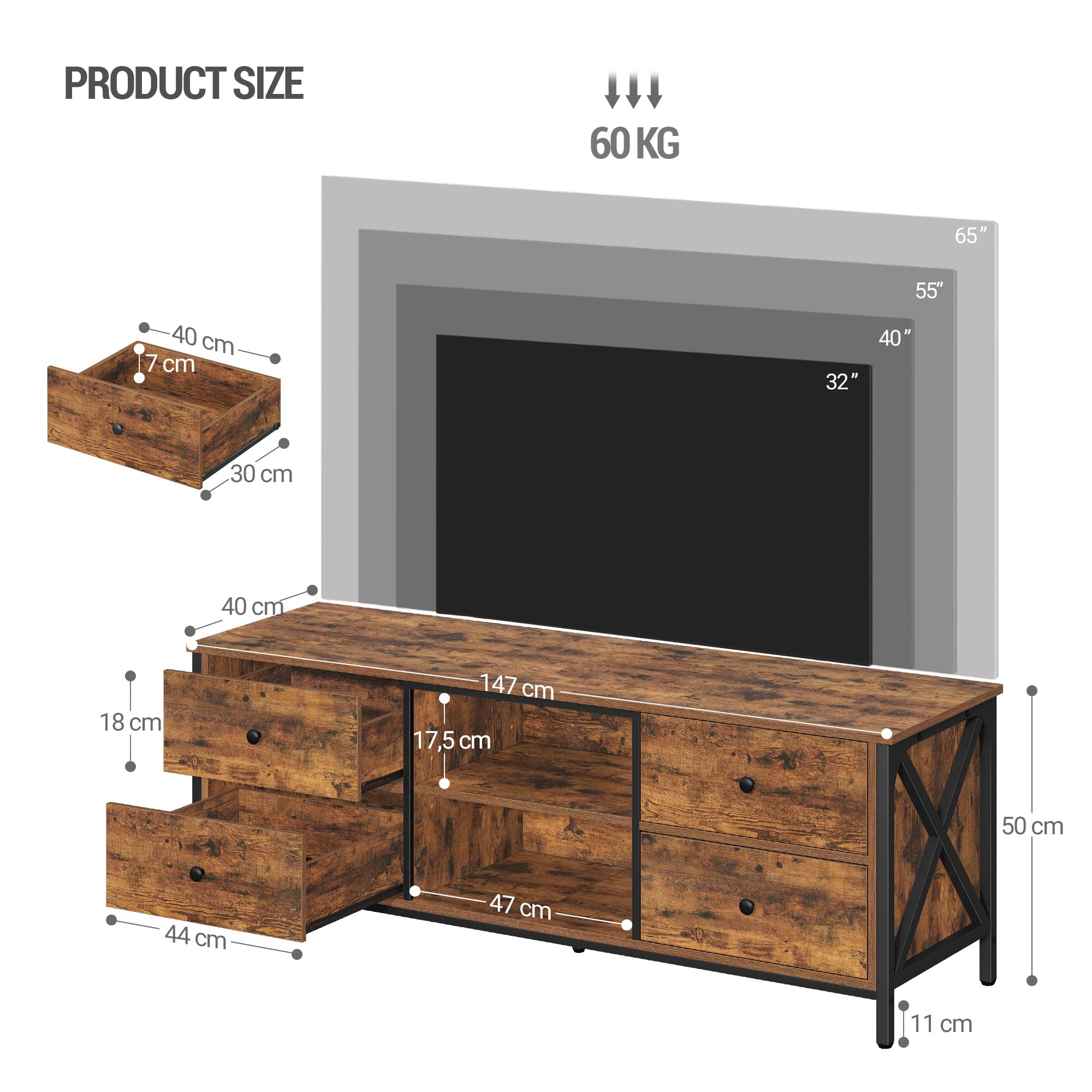 Hzuaneri Mobile TV, tavolino porta TV a 4 cassetti, adatto per TV fino a 165 cm, con 2 vani aperti, 40 x 147 x 50 cm, adatto per soggiorni, camere da letto e sale da pranzo, marrone vintage TV16801B