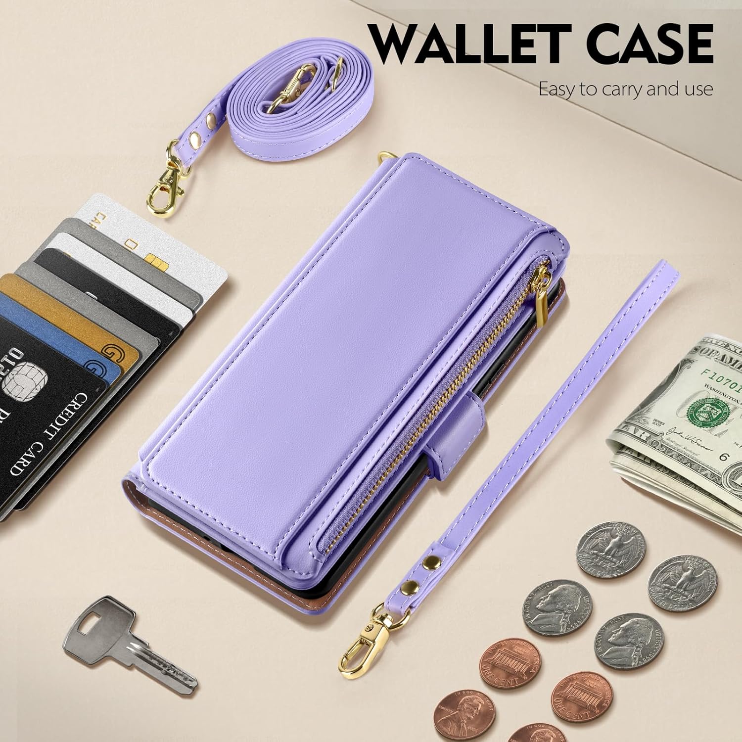 Antsturdy for iPhone 7 Plus Wallet case Women Men 【RFID Blocking】,PU Leather Apple iPhone 8 Plus Crossbody Phone case Zipper with Wrist Strap Flip Folio Cover Credit Card Holder,Light Purple