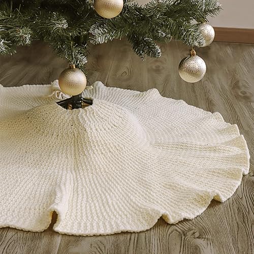 LimBridge Falda de árbol de Navidad de punto 36 pulgadas de falda de árbol blanco crema, borde de hoja de loto de punto trenzado grueso rústico