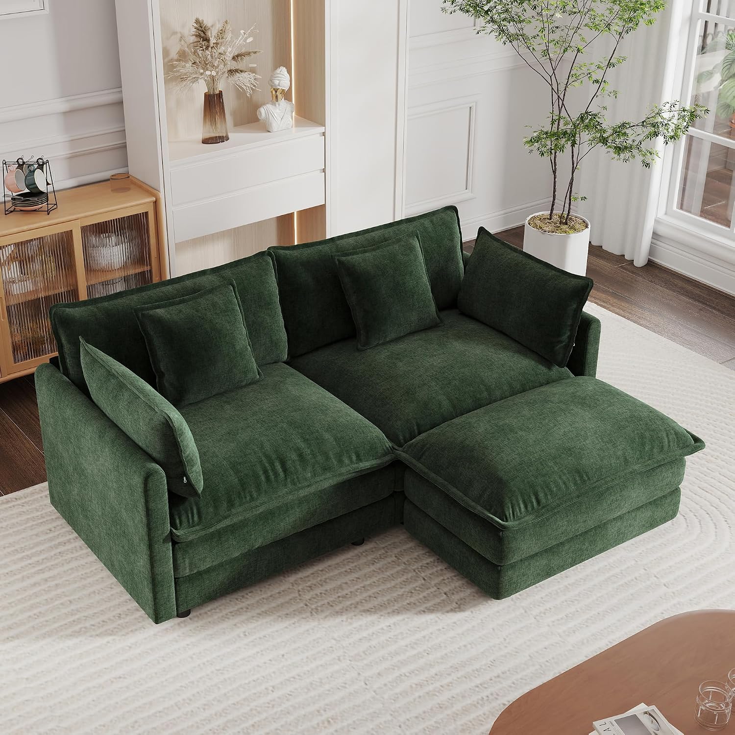 KEIKI 77" L-Shaped Oversized Chenille Modular Sectional Loveseat Sofa with 1 Ottoman, High-Density Foam Cushion, Modern Style 2-Seater Fluffy Corner Couch with 4 Pillow, for Living Room, Green